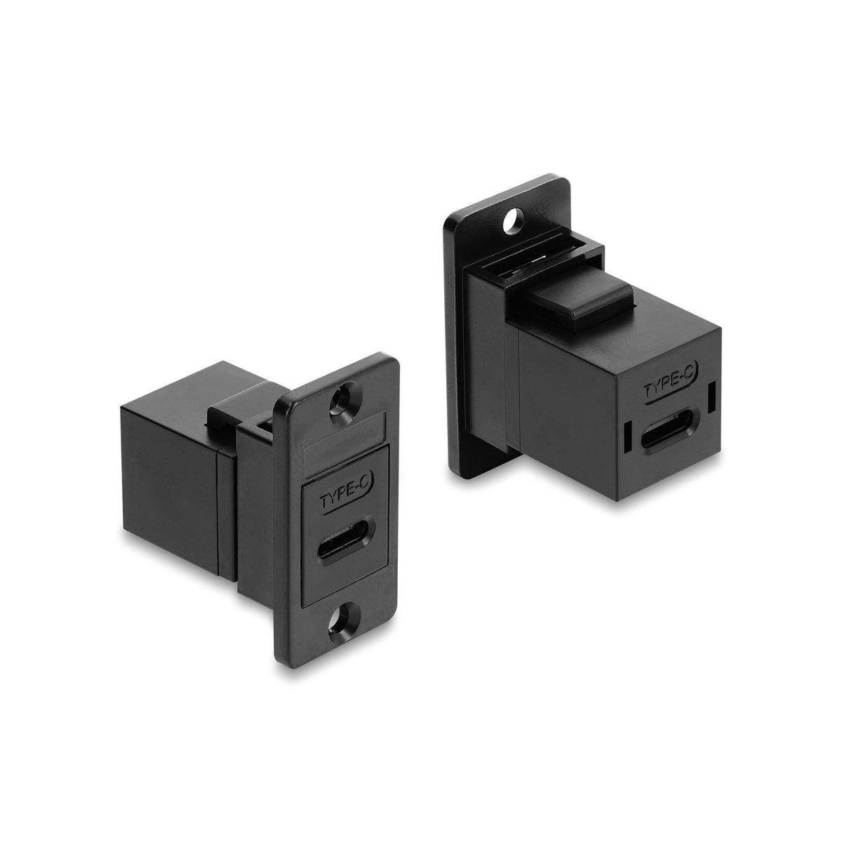 Zwei schwarze USB-C-Buchsenverbinder für Schrankeinbau mit Schraubfahnen, auf weißem Hintergrund dargestellt, beschriftet mit Type-C und Type-S.