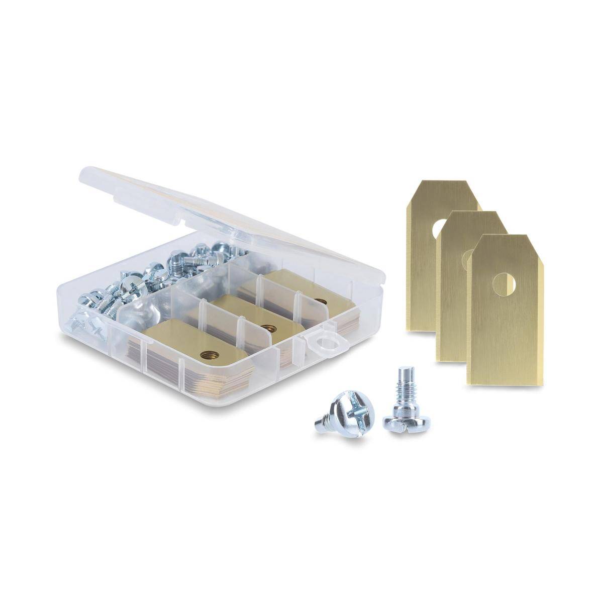 Sortierte Metallbildaufhängehardware in einem durchsichtigen Kunststoffkasten mit zwei Schrauben und drei Messinghängeplatte auf weißem Hintergrund.