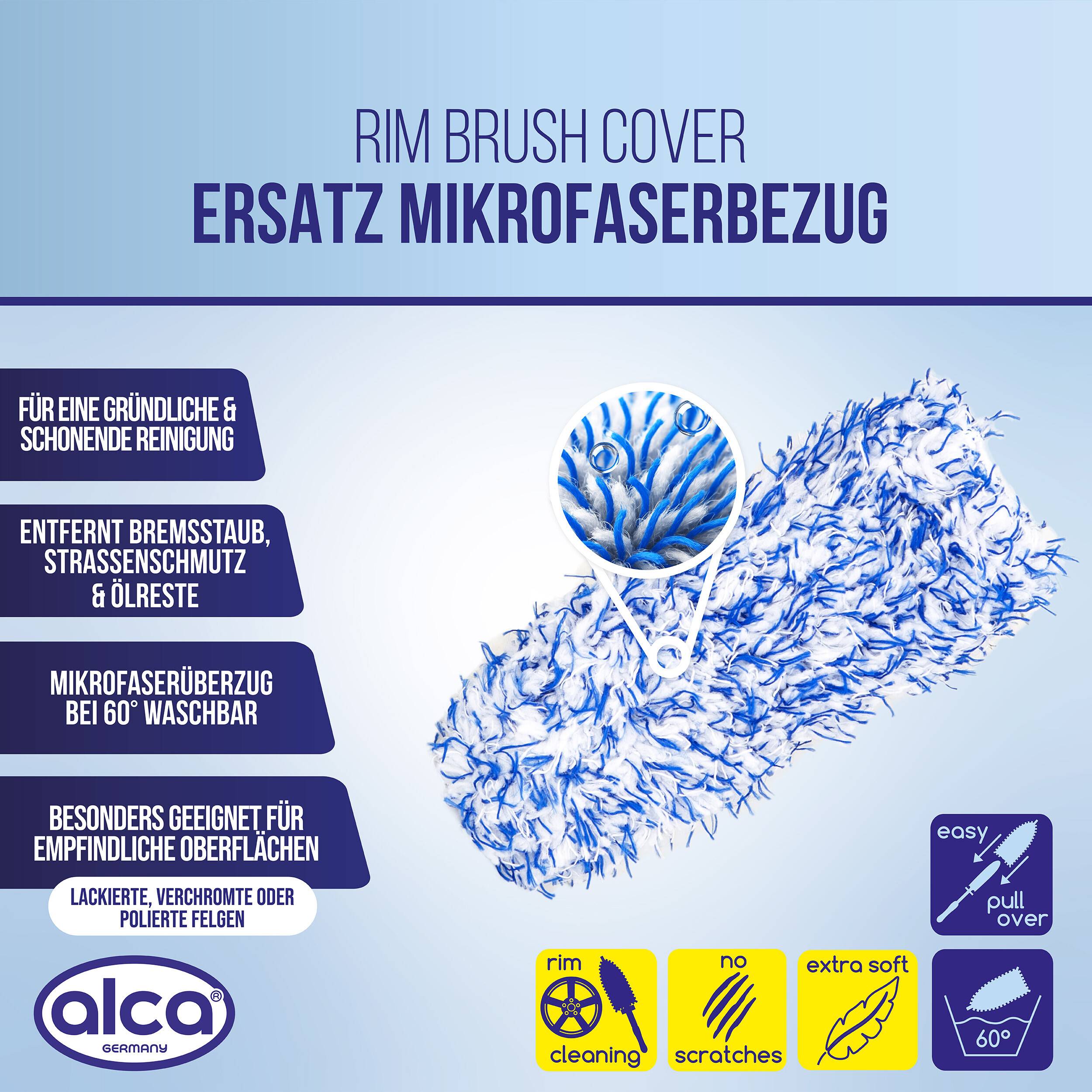 alca® Ersatzbezug aus Mikrofaser 22 cm breit, für Felgenbürste Wechselbezug passend für alca® RimBrush (Art.