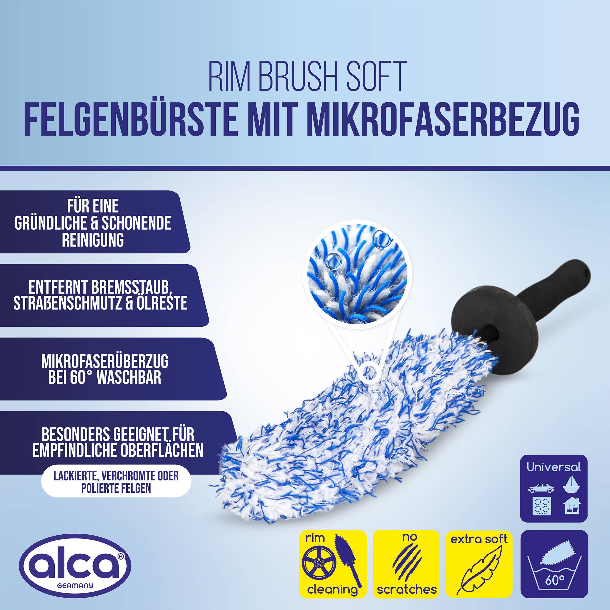 Produktbild für 'RIM BRUSH SOFT' Felgenbürste mit Mikrofaser-Bezug, abgebildet zur schonenden Reinigung von Felgen, zum Entfernen von Bremsstaub und Straßenschmutz, waschbar bei 60°C.