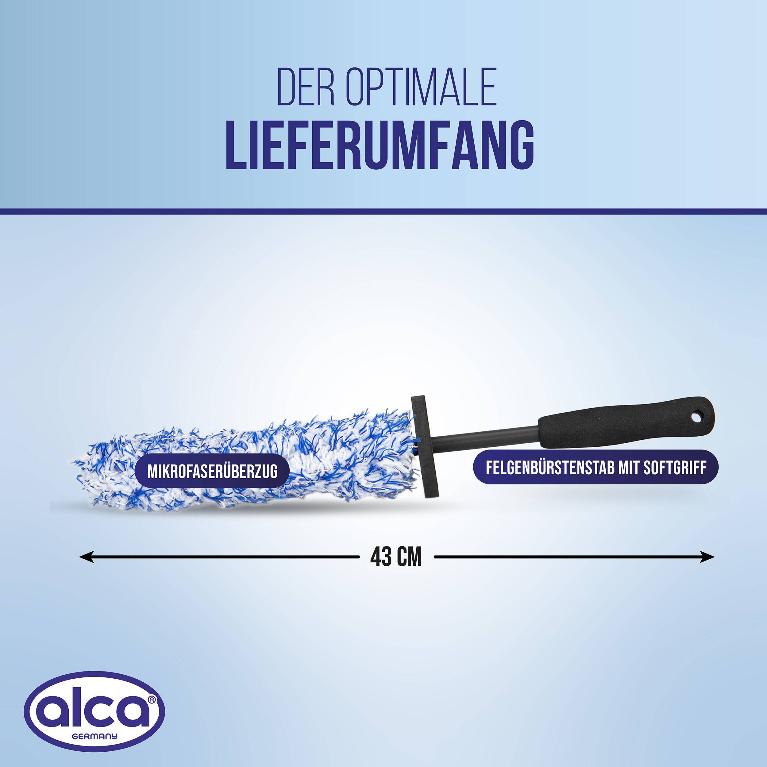 Abbildung eines 43 cm Felgenreinigungsbürstensatzes, gekennzeichnet mit „Mikrofaserüberzug