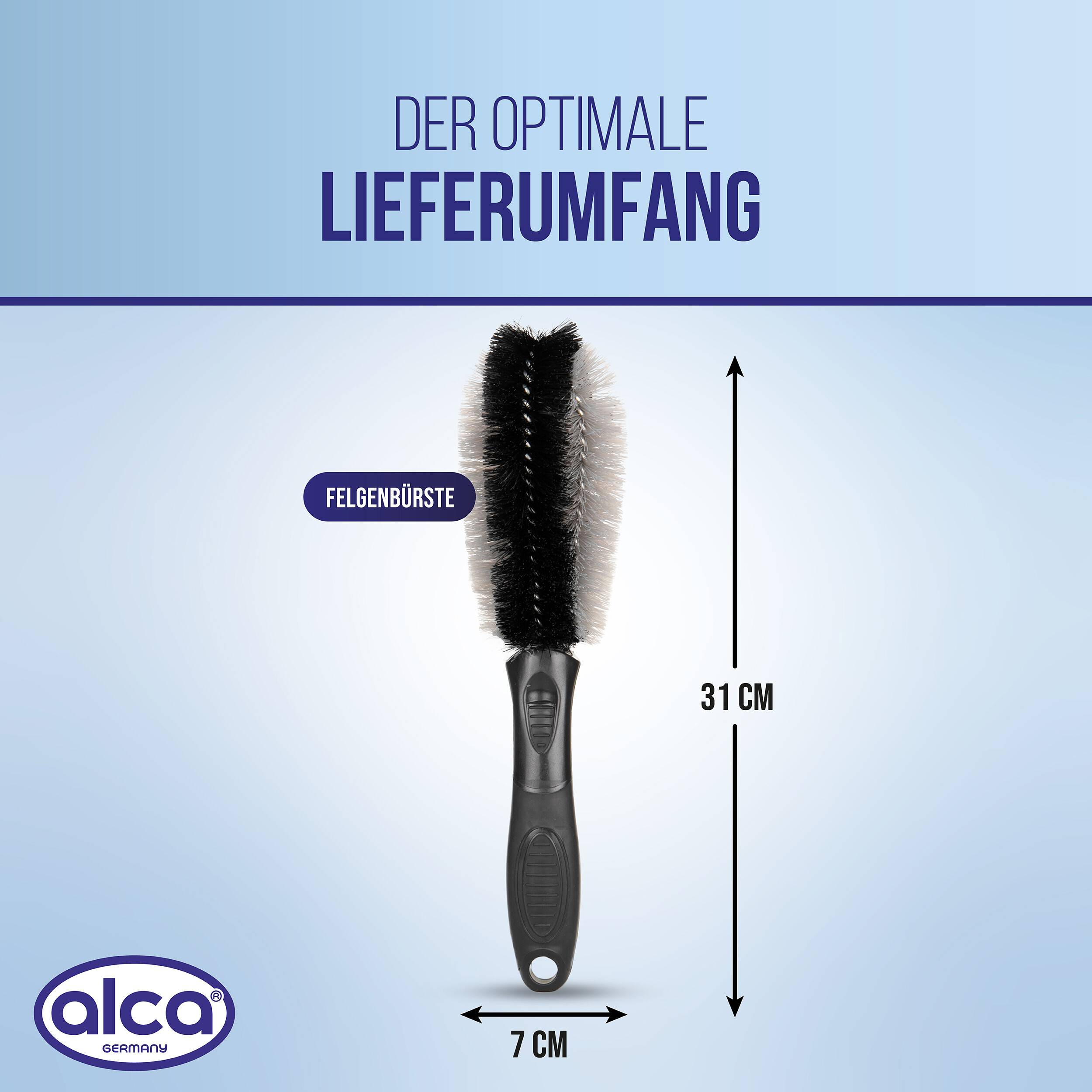 Produktgrafik mit dem optimalen Paketinhalt: eine 'FELGENBÜRSTE' Felgenbürste, 31 cm hoch und 7 cm breit, mit dem alca-Logo.
