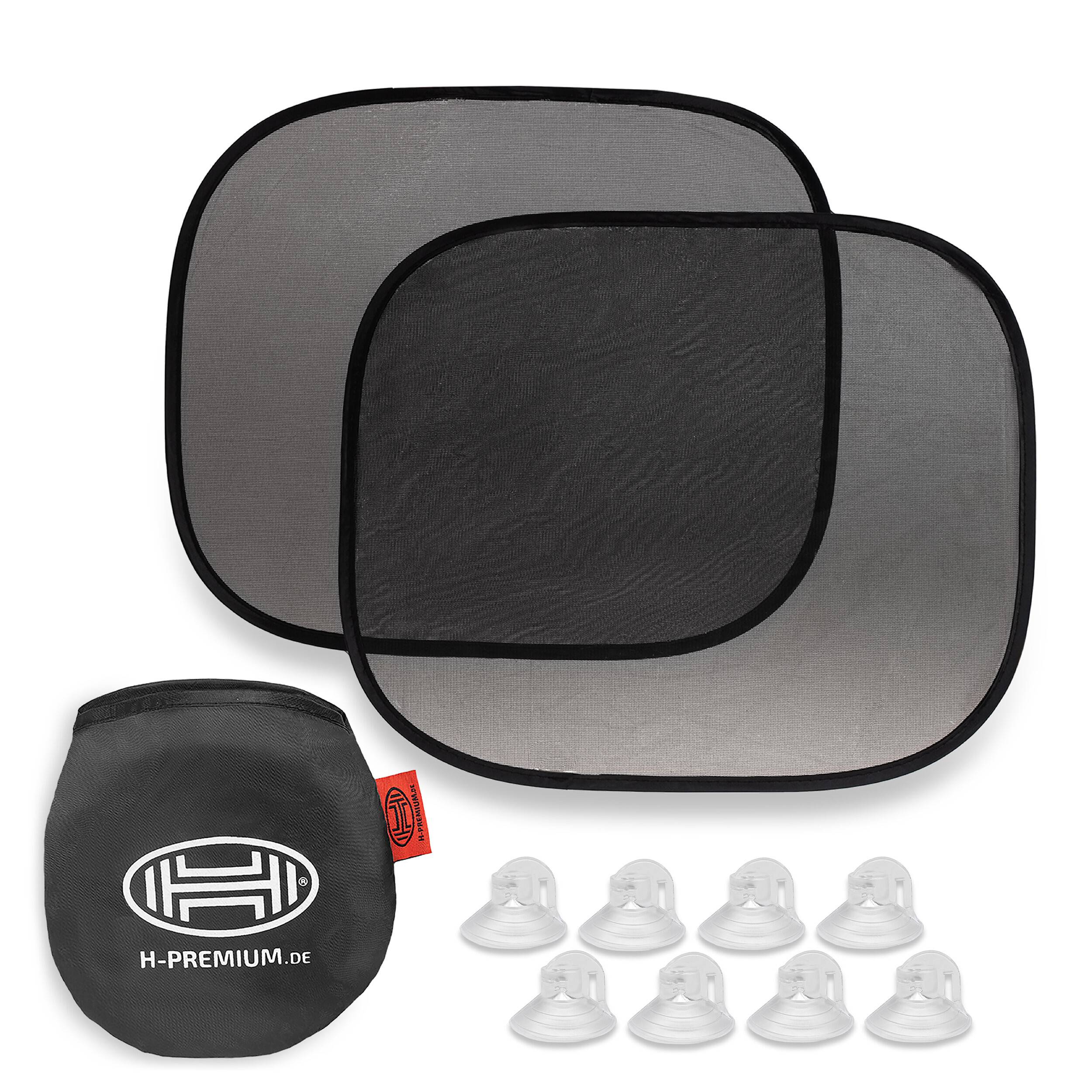 Autosonnenschutz-Set mit zwei Mesh-Fenstersichtschutzgittern, einer Aufbewahrungstasche und sechs Saugnäpfen.