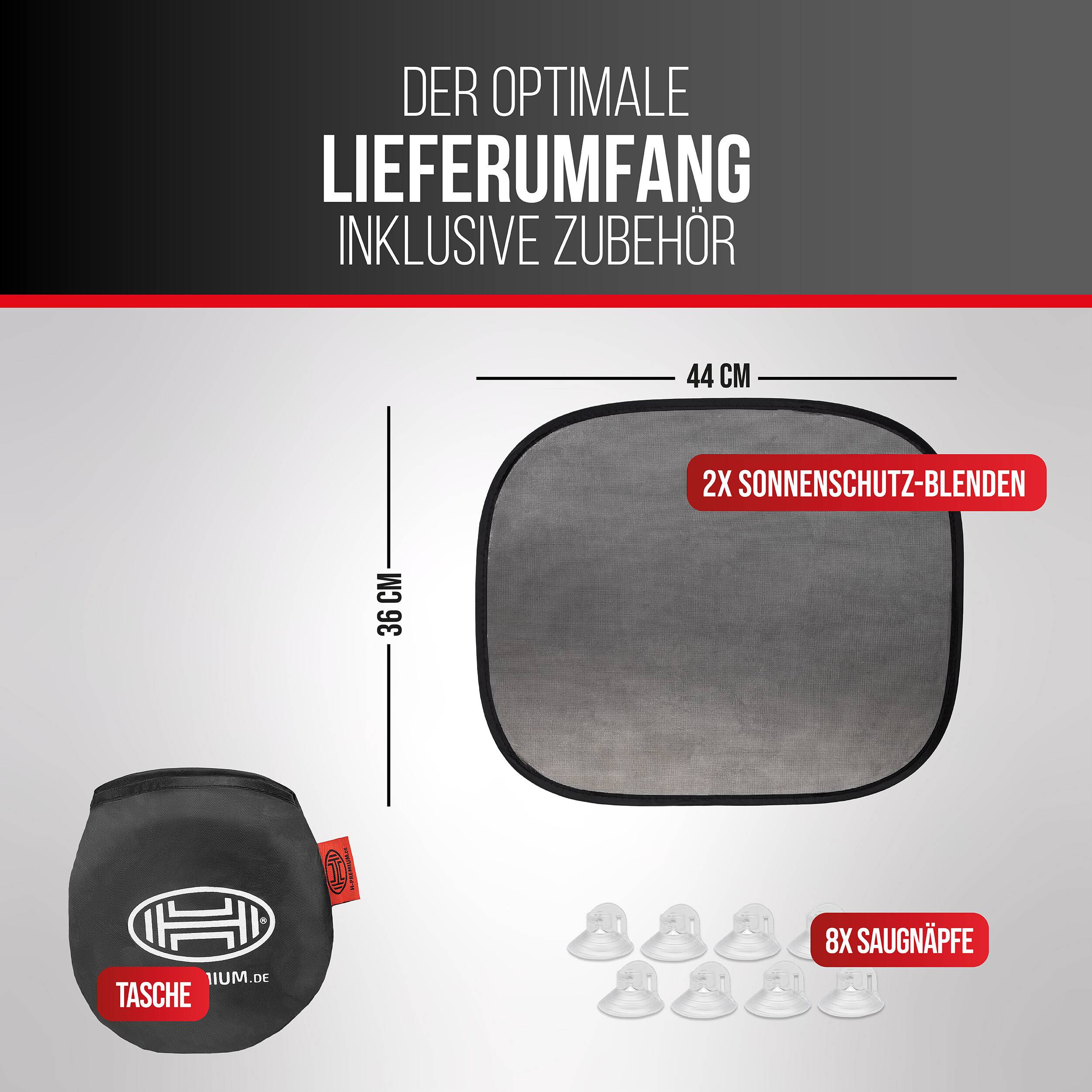 Produktinhalte-Grafik auf Deutsch, die das Lieferpaket zeigt: 2 Sonnenschutz-/Jalousien, ein 44 x 36 cm Paneel, 8 Saugnapfe und eine Aufbewahrungstasche.