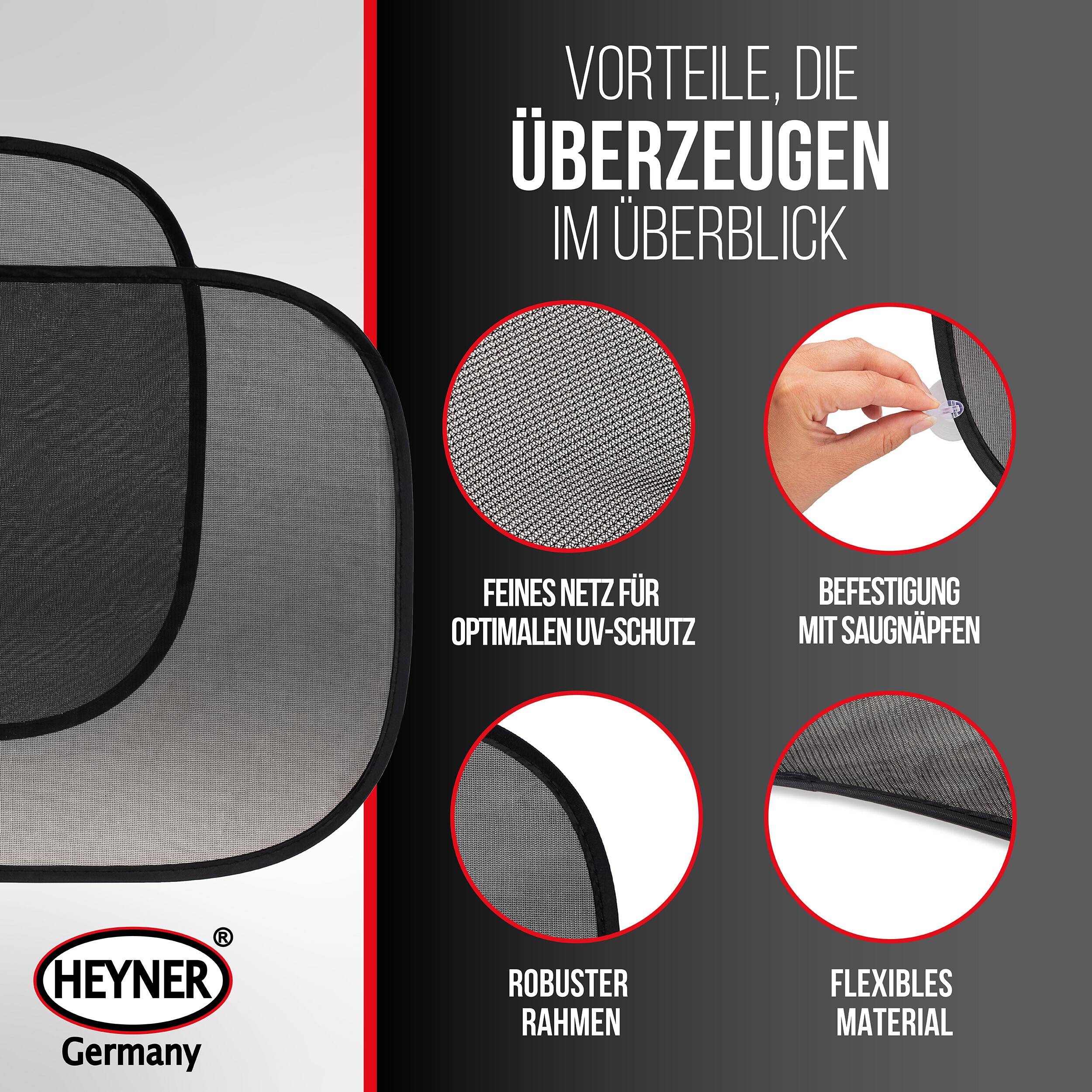 Produktbild einer Sonnenblende für Autos mit Übersicht der Vorteile: feines Netzgewebe für optimalen UV-Schutz, Saugnapfbefestigung, stabiles Gestell und flexibles Material; HEYNER Deutschland Logo.