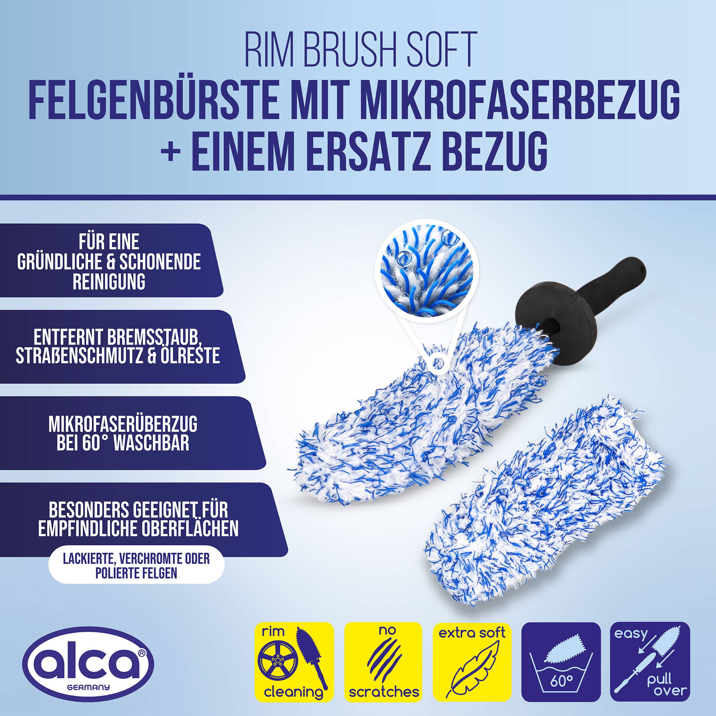 alca® Felgenbürste 43 cm lang, weicher Überzug für empfindliche Felgen Erstüberzug & Ersatzüberzug aus Mikrofaser