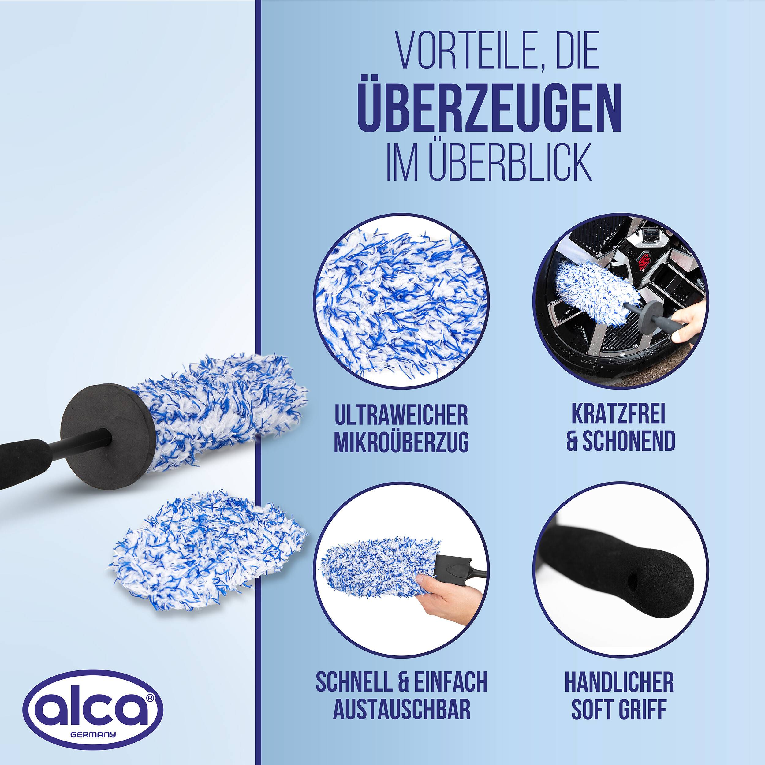 alca® Felgenbürste 43 cm lang, weicher Überzug für empfindliche Felgen Erstüberzug & Ersatzüberzug aus Mikrofaser