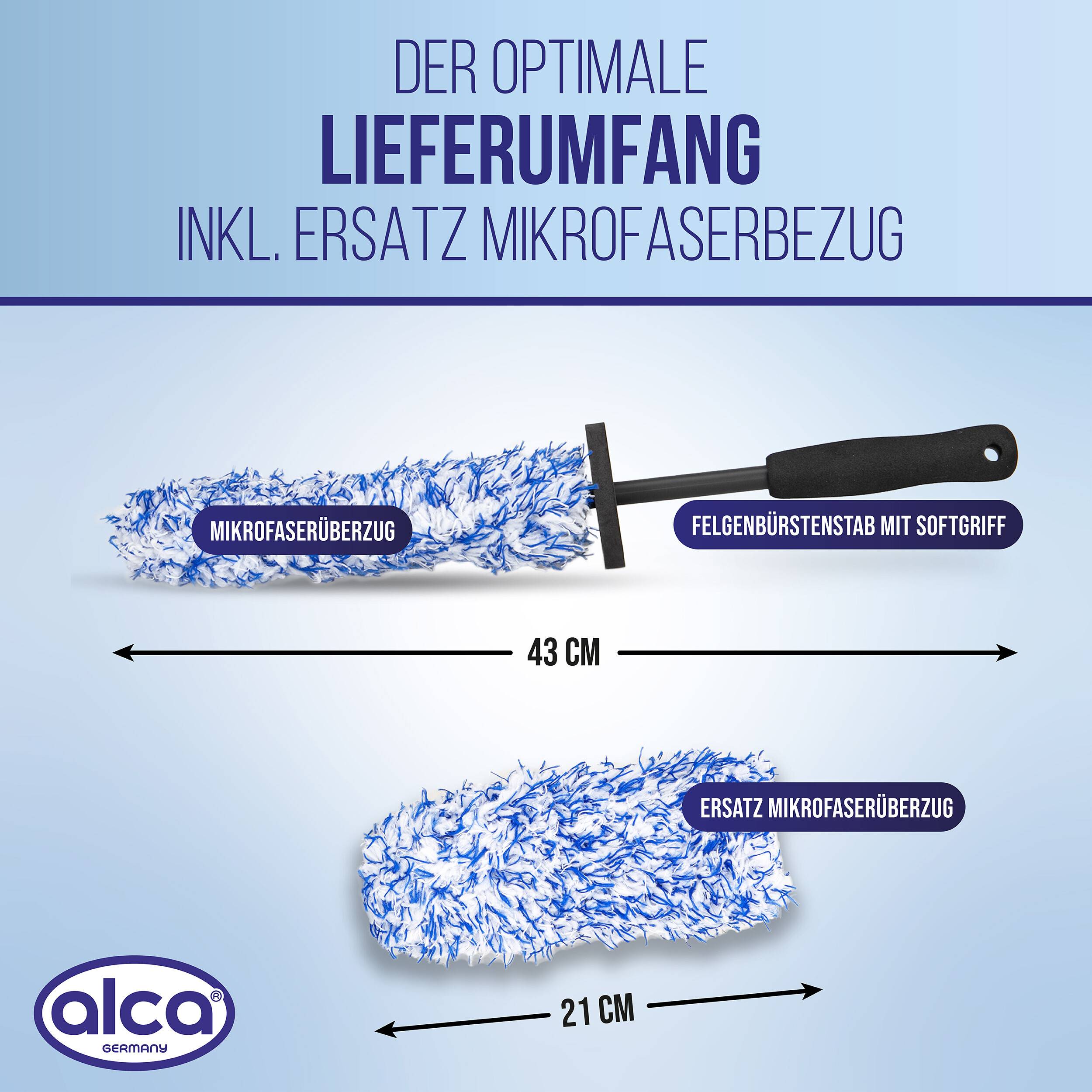 Deutsches Produktgrafik, das das enthaltene Radbürsten-Set zeigt: Mikrofaser-Bezug auf einem Bürstenstab mit weichem Griff, plus Ersatz-Mikrofaser-Bezug, mit den Bezeichnungen 43 cm und 21 cm.