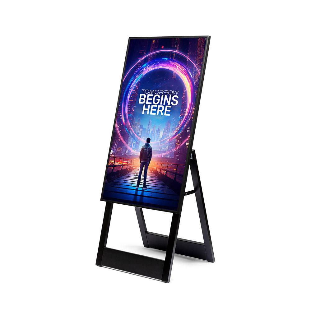 Digitales Gehwegsschild mit futuristischem Plakat mit der Aufschrift „DIE ZUKUNFT BEGINNT HIER