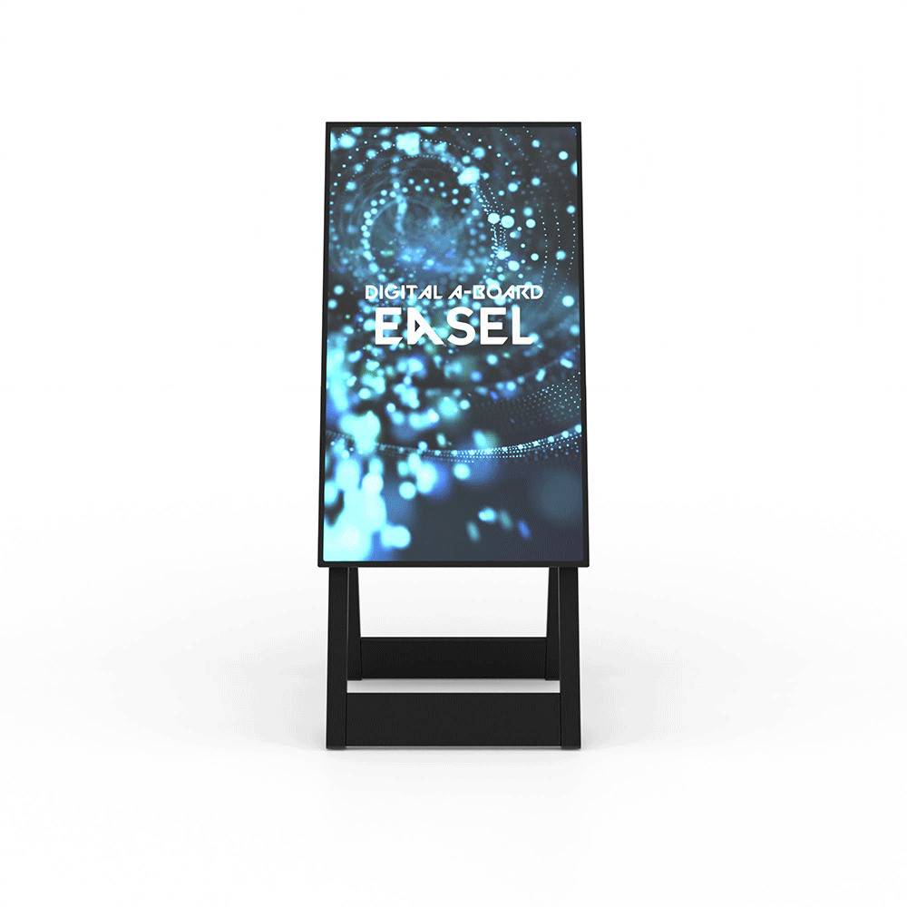 Digitale 4er-Tafel-Staffelei auf schwarzem Ständer mit blauem abstraktem Grafikbildschirm.