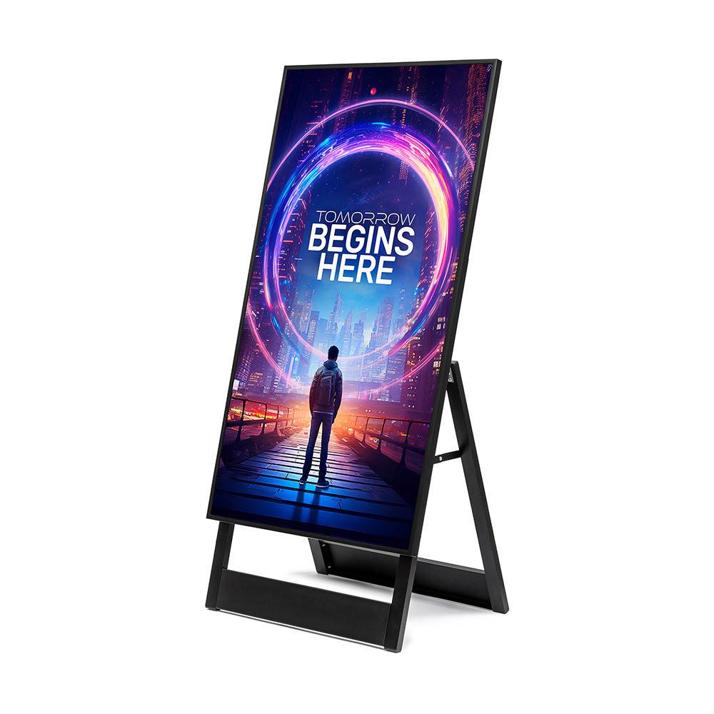 Freistehende digitale Anzeigetafel mit einem futuristischen Plakat, auf dem der Text „DIE ZUKUNFT BEGINNT HIER