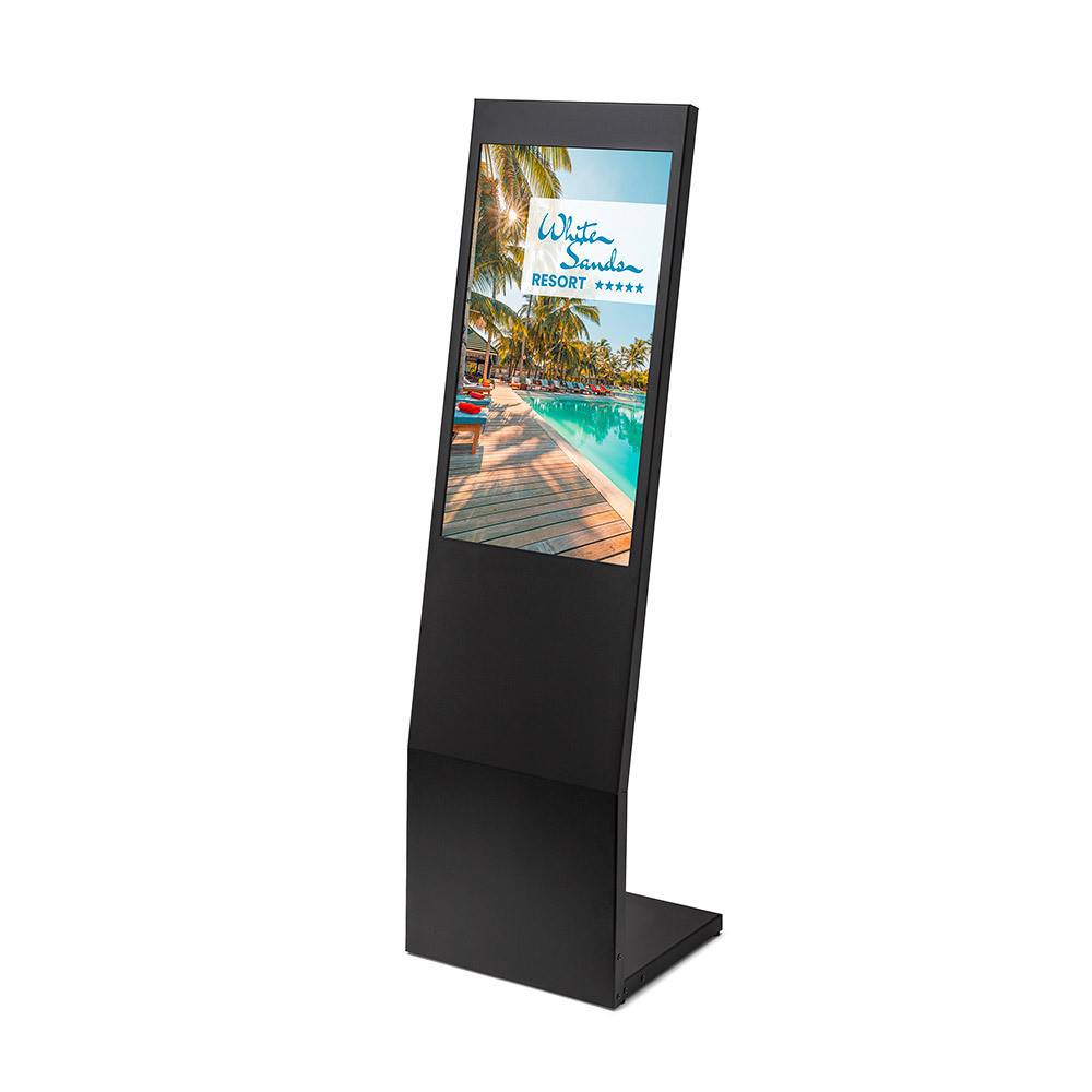 Schwarzes freistehender digitales Kiosk-Display mit einer Resort-Anzeige, das einen Gehweg am Pool, Palmen und den Text „White Sands Resort