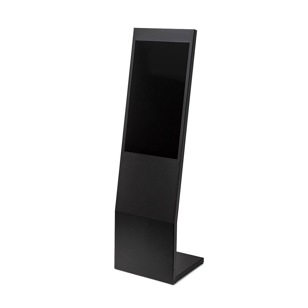 Großer schwarzer digitaler Kiosk-Displayständer mit leerem Bildschirm, dargestellt auf weißem Hintergrund.