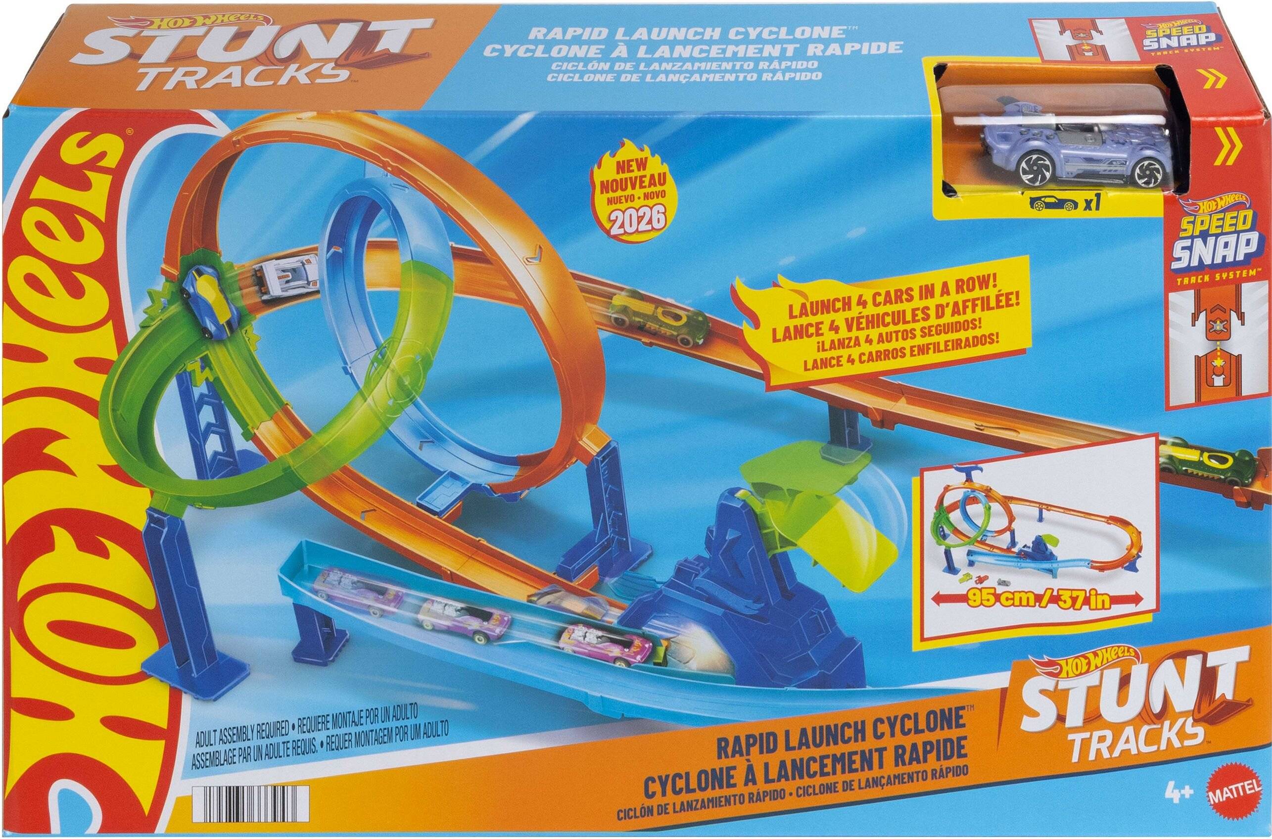 Hot Wheels Stunt Tracks Rapid Launch Cyclone Spielset-Box mit Looping-Strecke, Starter und beigefügtem Auto; Spielzeugverpackung ab 4 Jahren.