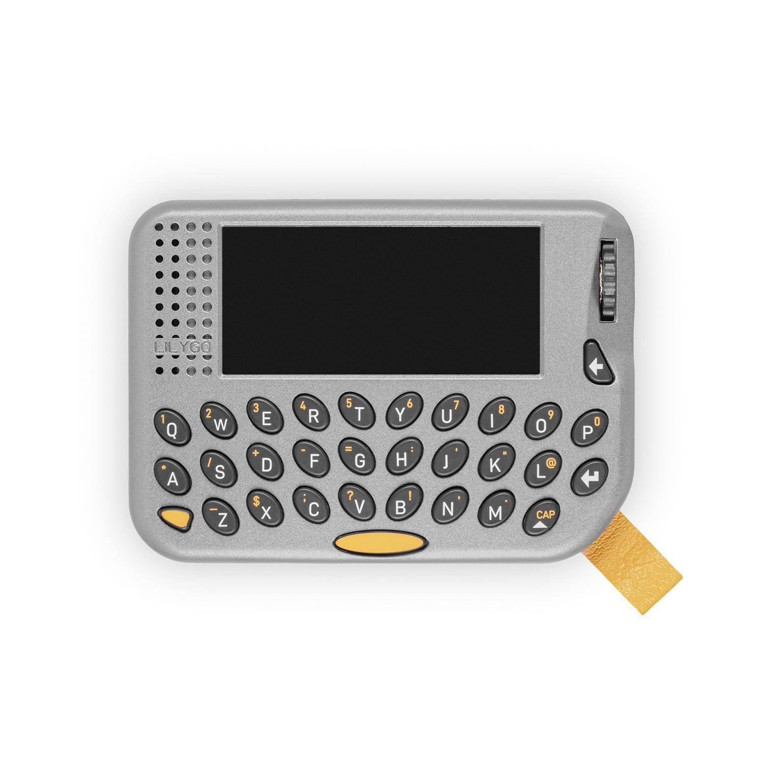 Ein kleines tragbares Gerät mit leerem Bildschirm und kompakter Tastatur, das einem Braille- oder Texteingabehilfe ähnelt.