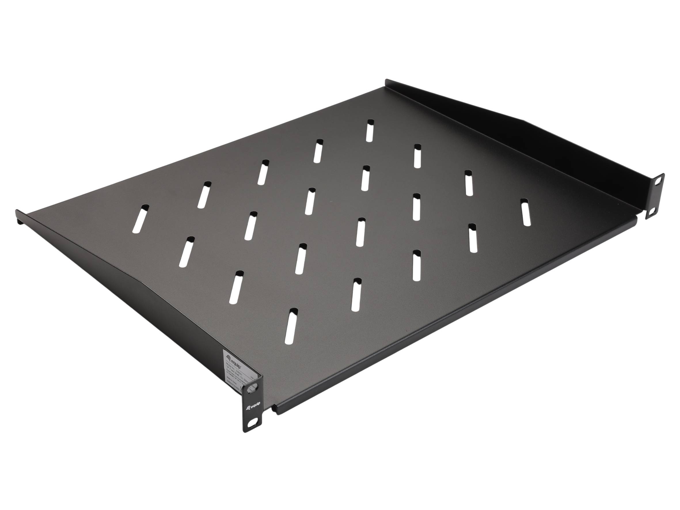 Schwarzes durchlöchertes Metallregal-Tablett mit erhöhten Seiten und Befestigungskonsolen, vor weißem Hintergrund gezeigt.