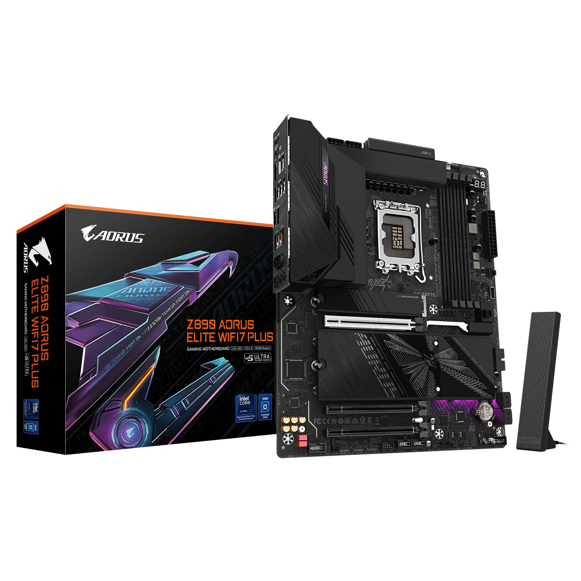 AORUS Z890 AORUS ELITE WIFI7 PLUS Motherboard gezeigt mit seiner Einzelhandelsverpackung und Wi-Fi-Antenne auf weißem Hintergrund.