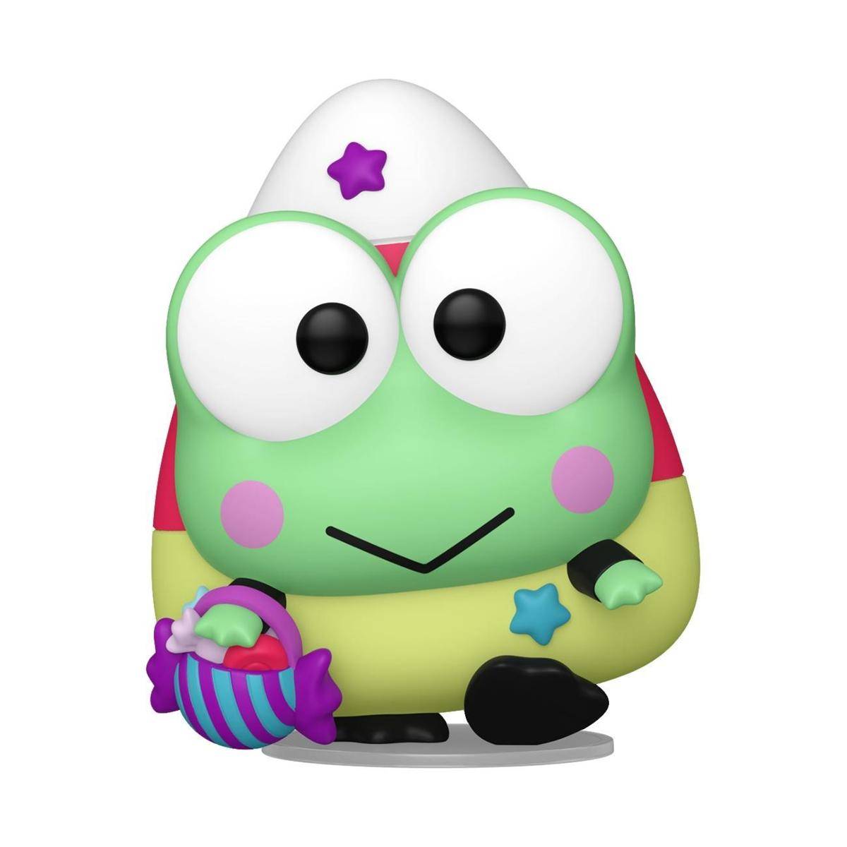 Cartoon-Froschfigur in Grün mit übergroßen Augen, trägt einen weißen Hut mit einem violetten Stern und hält einen gestreiften violetten Bonboneimer.