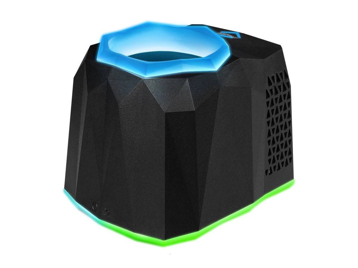 Schwarzer facettierter Desktop-Lautsprecher mit leuchtendem blauem oberen Ring und grünem Basislicht, auf weißem Hintergrund dargestellt.