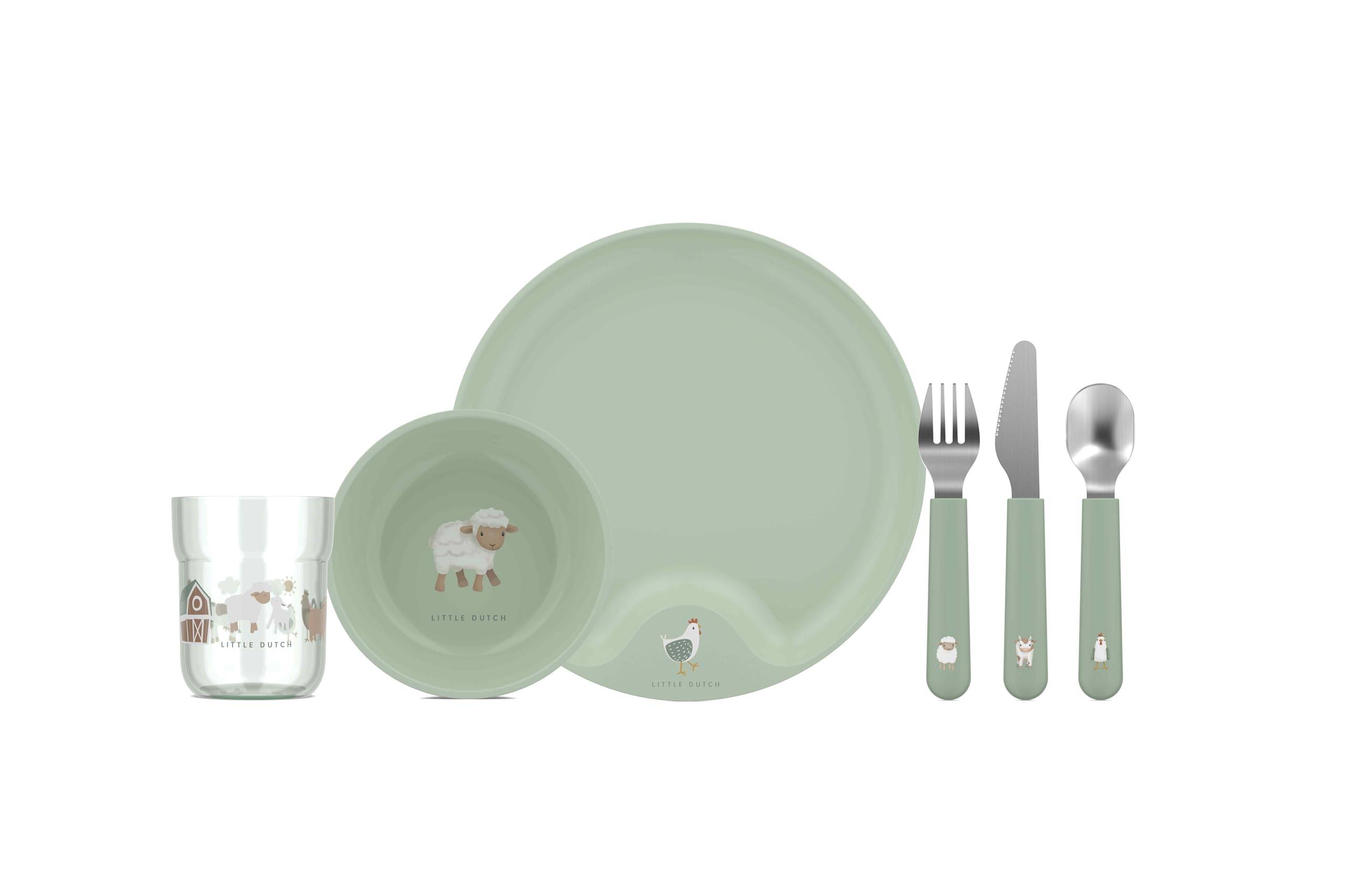 Grünes Kinderbesteck-Set mit Teller, Schüssel, Tasse und Gabel, Messer und Löffel mit kleinen Tiermotiven.