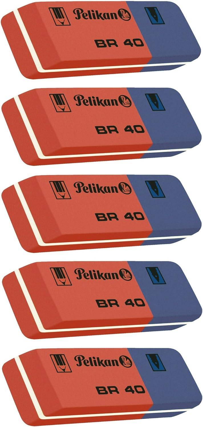 Fünf Pelikan BR 40 Radiergummiblöcke übereinander gestapelt, jeder rot mit einer blauen Endkappe und schwarzem gedrucktem Etikett.