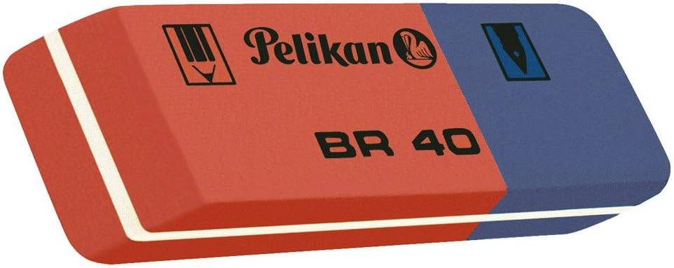 Ein rot und blau gestreifter Pelikan BR 40 Radierer mit dem Pelikan-Logo und Text auf der Oberseite aufgedruckt.