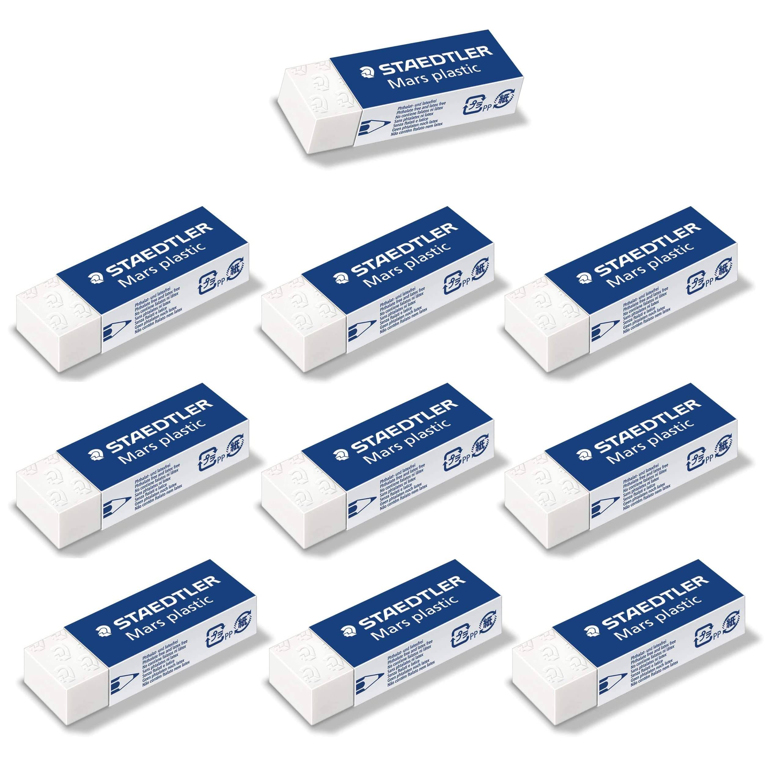 Neun Staedtler Mars Kunststoffradierer in einem Raster auf weißem Hintergrund gezeigt, jeder eine blau-weiße rechteckige Radierverpackung.