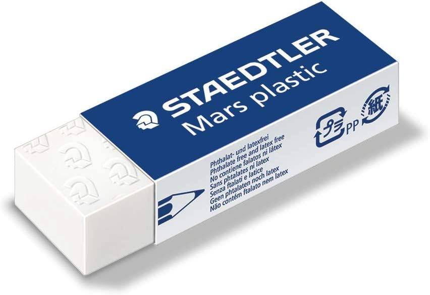 Staedtler Mars Kunststoffradierer-Box, blau-weiße Verpackung mit Produktname und Recycling-Symbolen.
