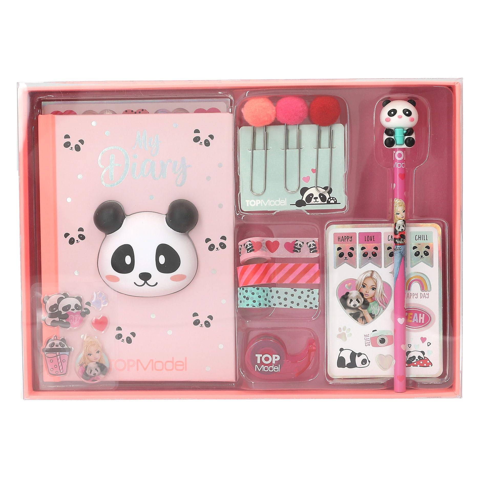 Rosafarbenes Panda-Design-Schreibwaren-Geschenkset mit Tagebuch, Kugelschreiber, Haftnotizen, Markierungsregistern und Klammern in einer Schachtelverpacking.