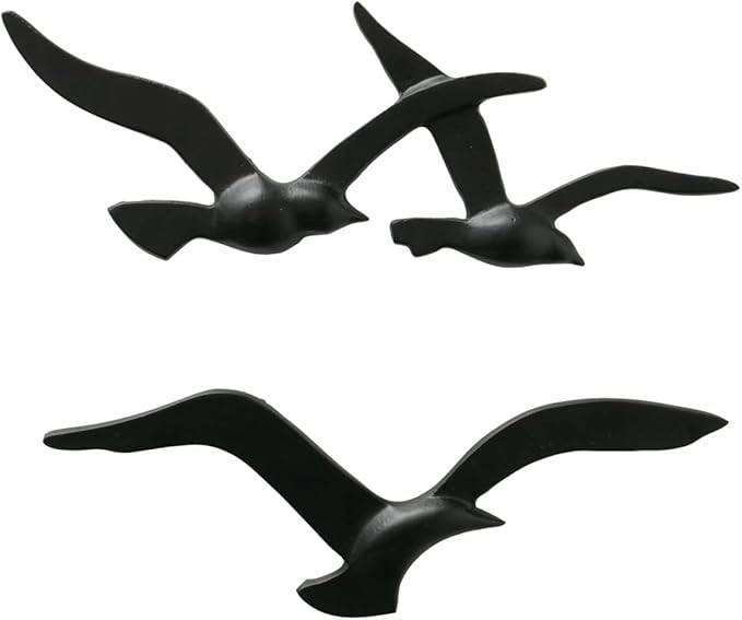 Drei schwarze Vogelsilhouetten im Flug auf weißem Hintergrund, aus verschiedenen Blickwinkeln dargestellt.