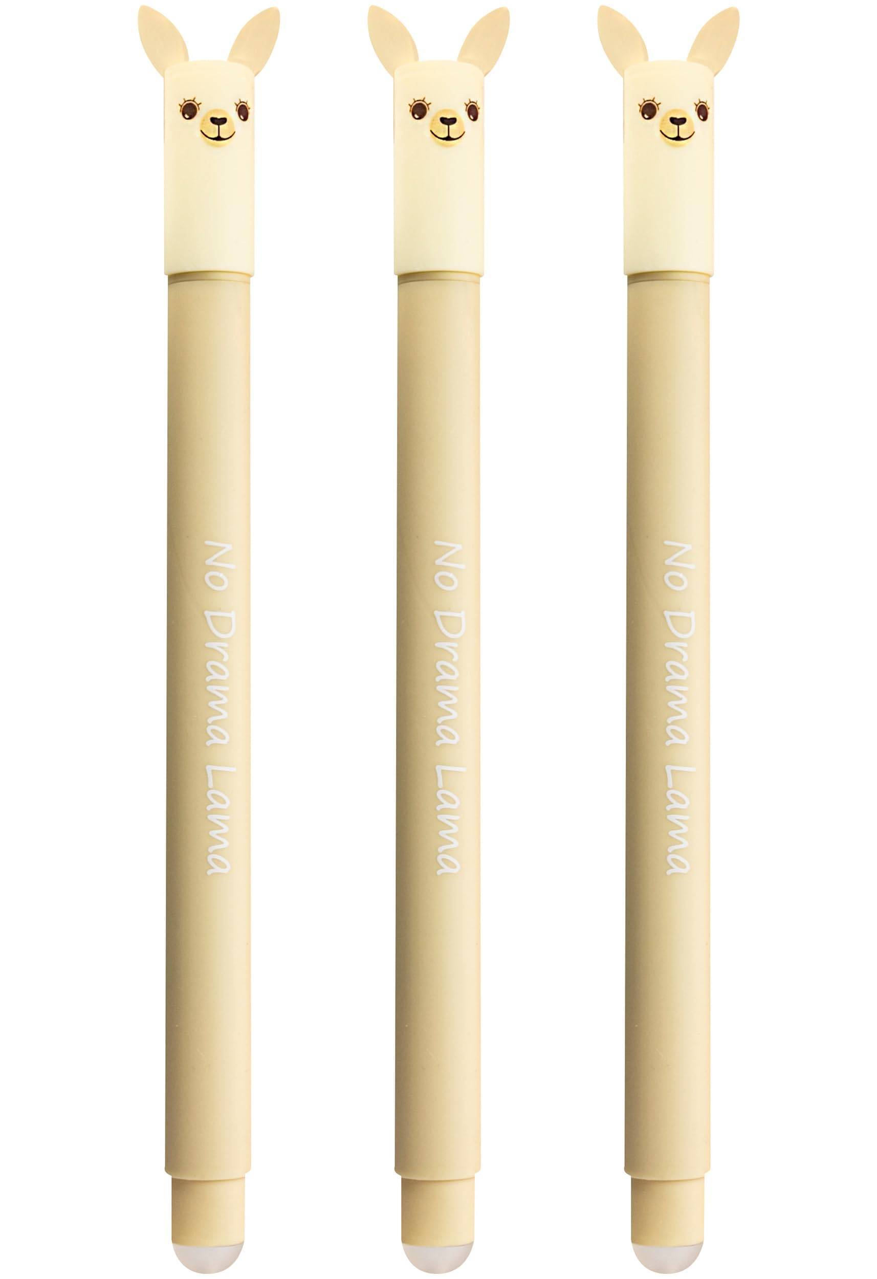 Drei beige stiftähnliche Kosmetikprodukte mit Häschengesicht-Aufsätzen und langen Ohren, aufrecht auf weißem Hintergrund stehend.
