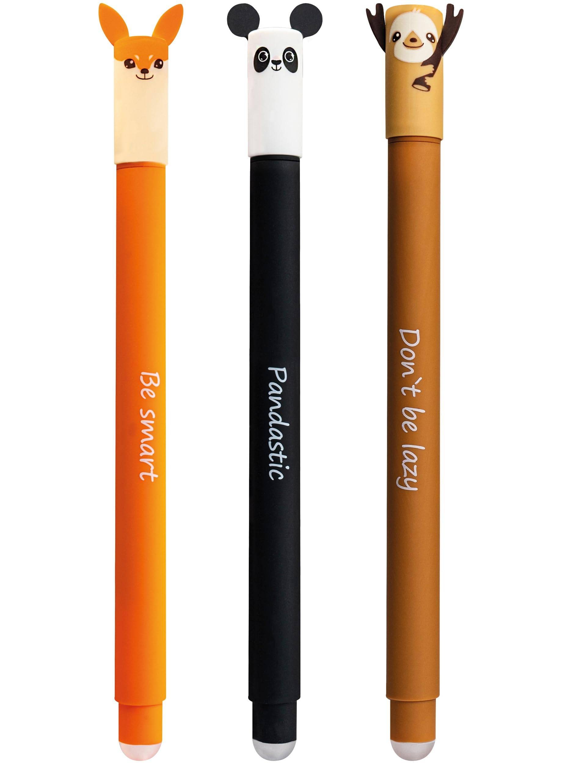 Drei aufrecht stehende tierthematische Stifte: Ein orangefarbener Fuchsstift sagt „Sei schlau