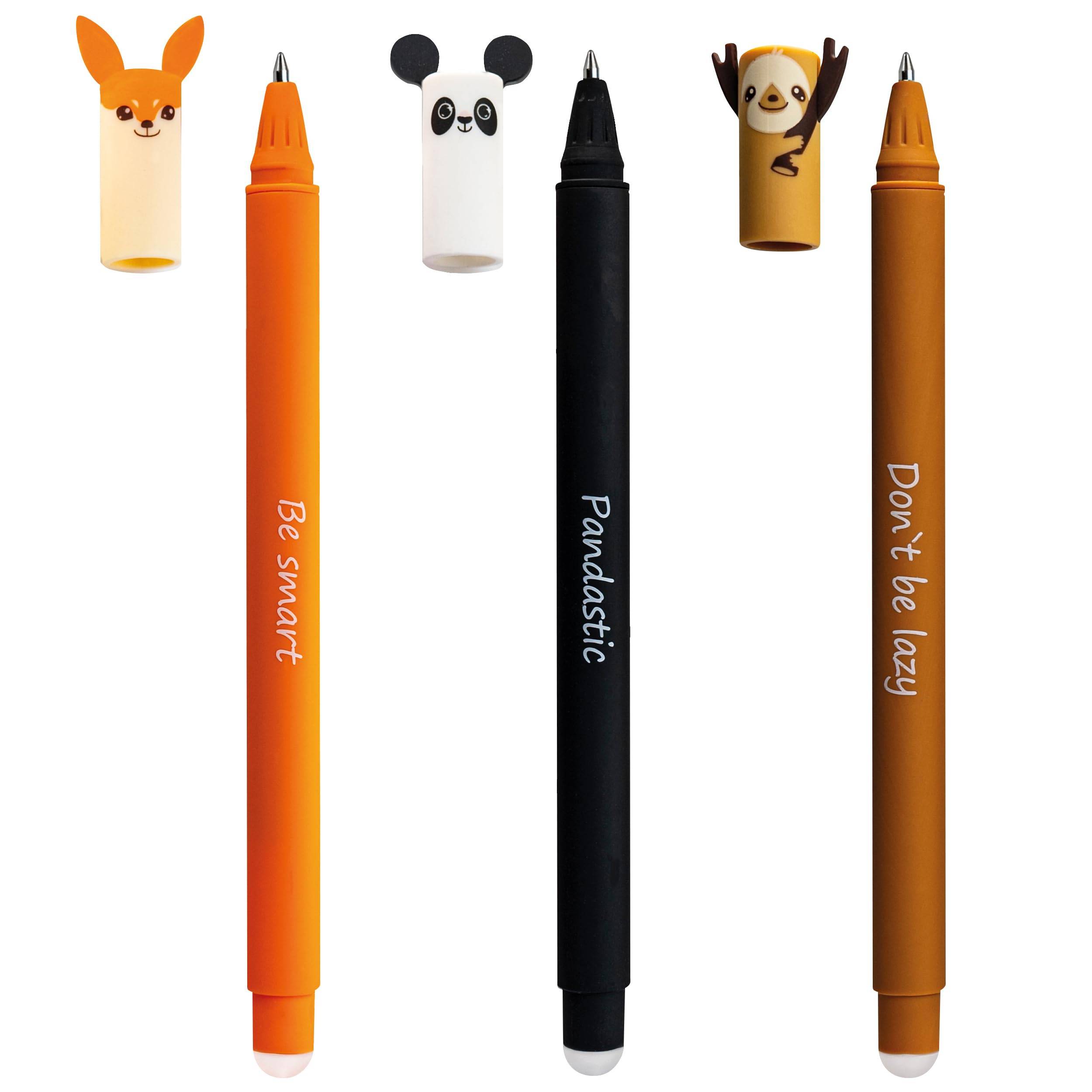 Drei Tiermotiv-Stifte mit Kappen: orangener Fuchsstift „Sei clever