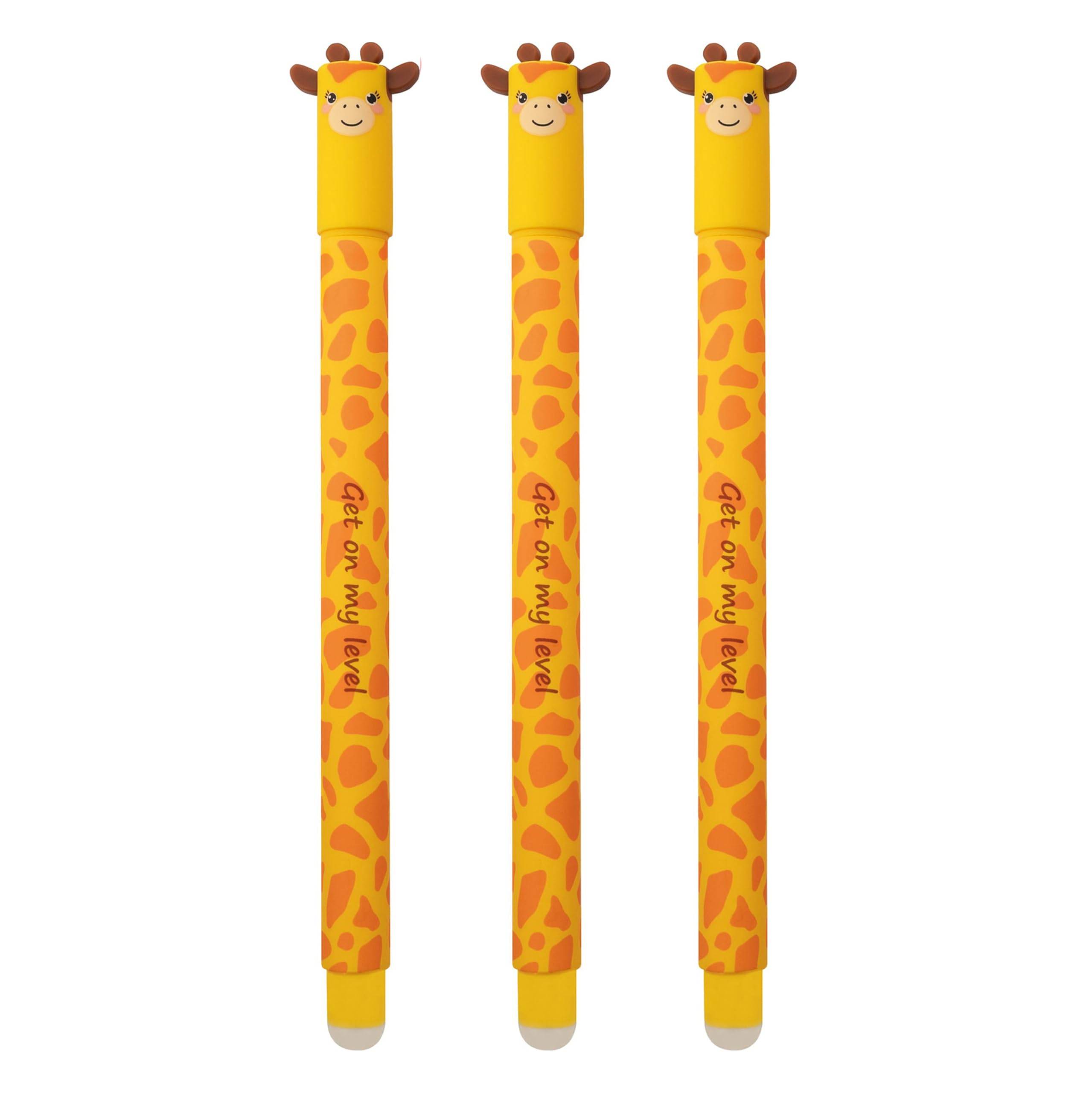 Drei giraffenthematische gelbe Kugelschreiber mit dem Aufdruck 