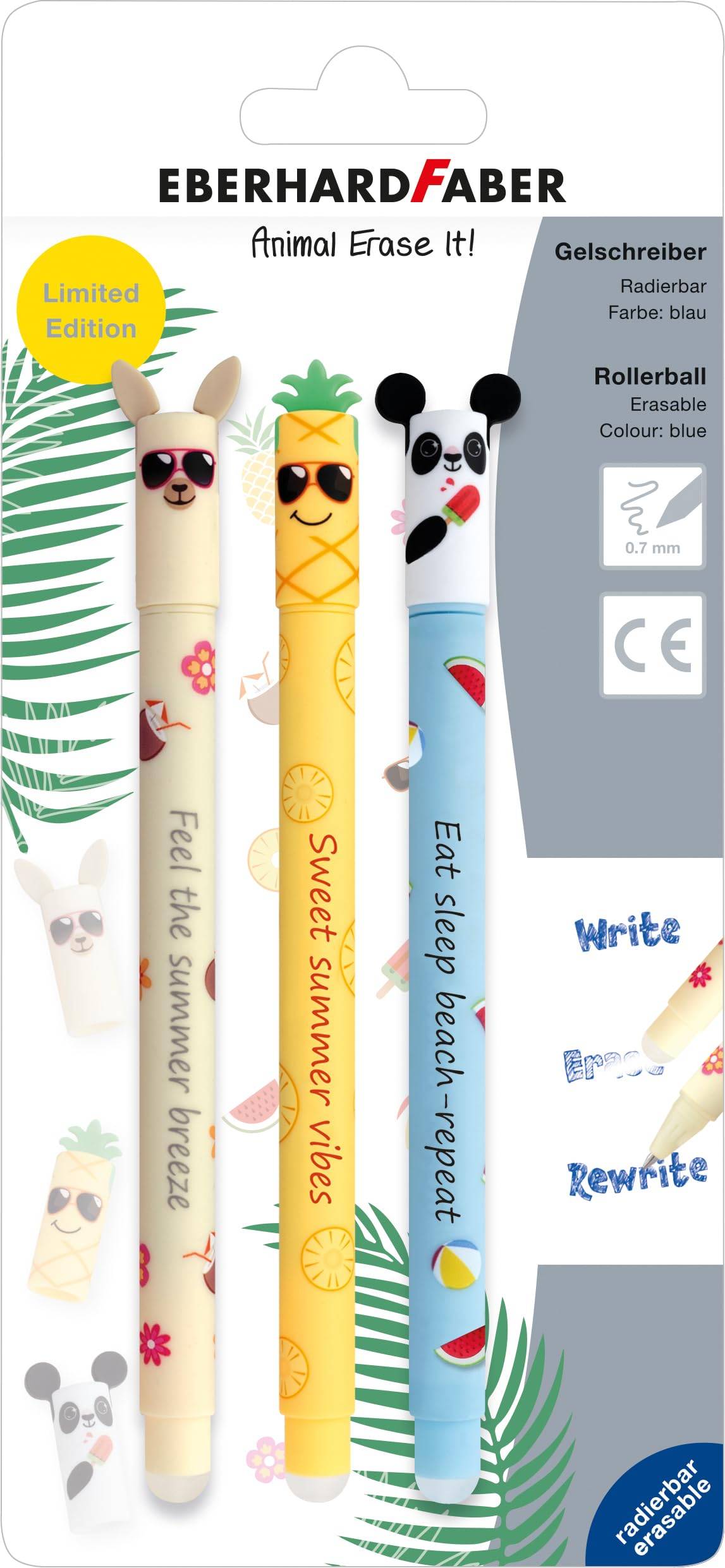 Werbebild von Eberhard Faber Animal Erase It! limitierte Ausgabe Kugelschreiber mit Tiermotiven und Sommerdesigns, gekennzeichnet mit Schreiben und Neuschreiben.