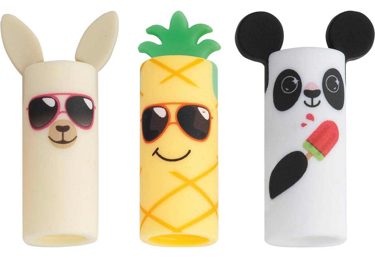 Drei tierfigurierte Flaschenabdeckungen in Form eines Kaninchens, einer Ananas und eines Pandas, jeweils mit einem verspielten Cartoon-Gesicht und Sonnenbrillen.