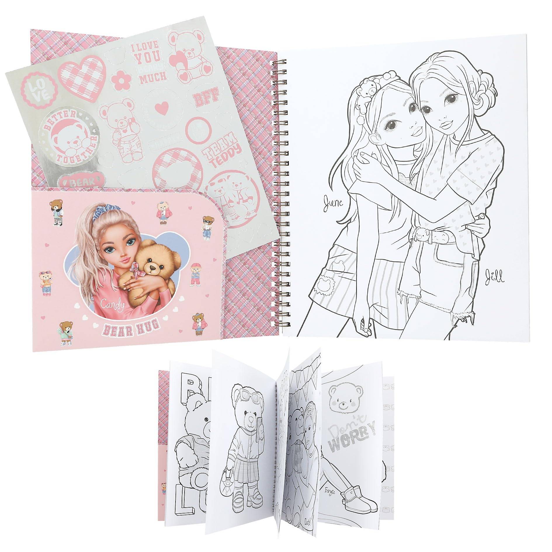 Malbuch/Aktivitätsbuch für Kinder mit Spiralbindung, mit niedlichen bärenthematischen Seiten und einer illustrierten Illustration eines Mädchens, das einen Teddybären umarmt.