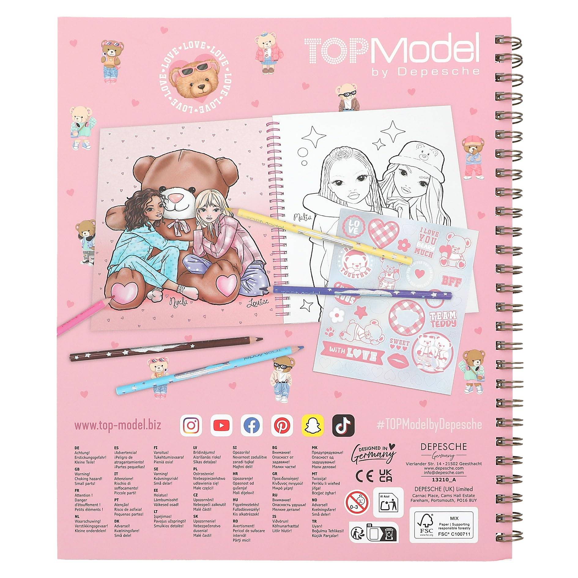 TopModel von Depesche rosa spiralgebundenes Malbuch mit Stiften, das einen Teddybär und zwei Mädchen sowie Aufklebedesigns auf den Seiten zeigt.