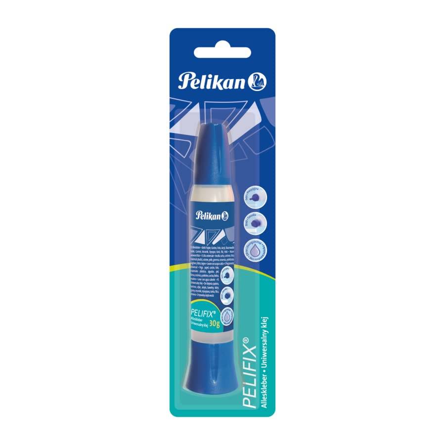 Pelikan PELIFIX 30g Klebestift in blau-türkiser Verkaufsverpackung mit blauem Deckel.