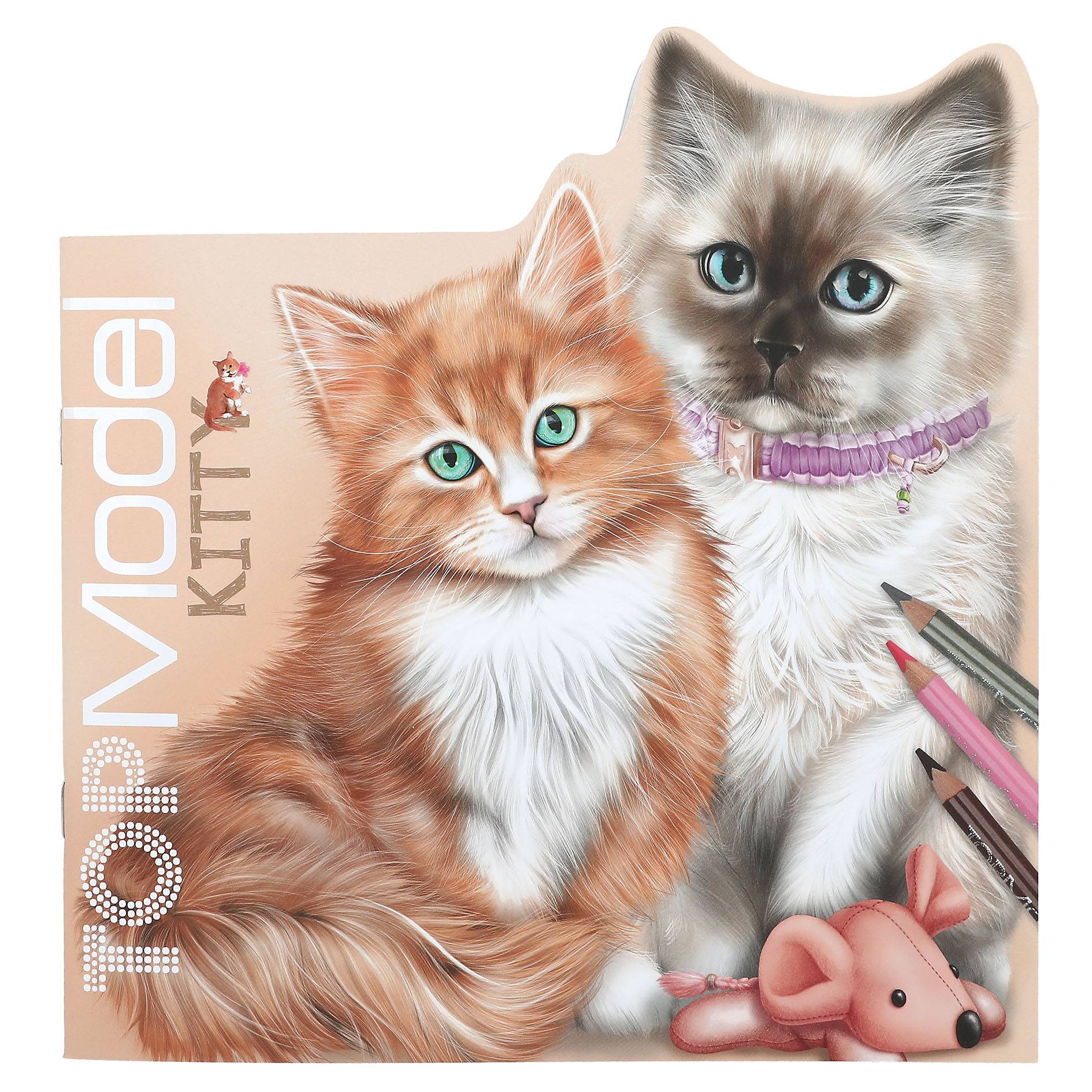 Titelbild mit zwei flauschigen Kätzchen mit Kunstbleistiften und einer rosa Spielzeugmaus, auf der linken Seite mit „TOPModel KITTY