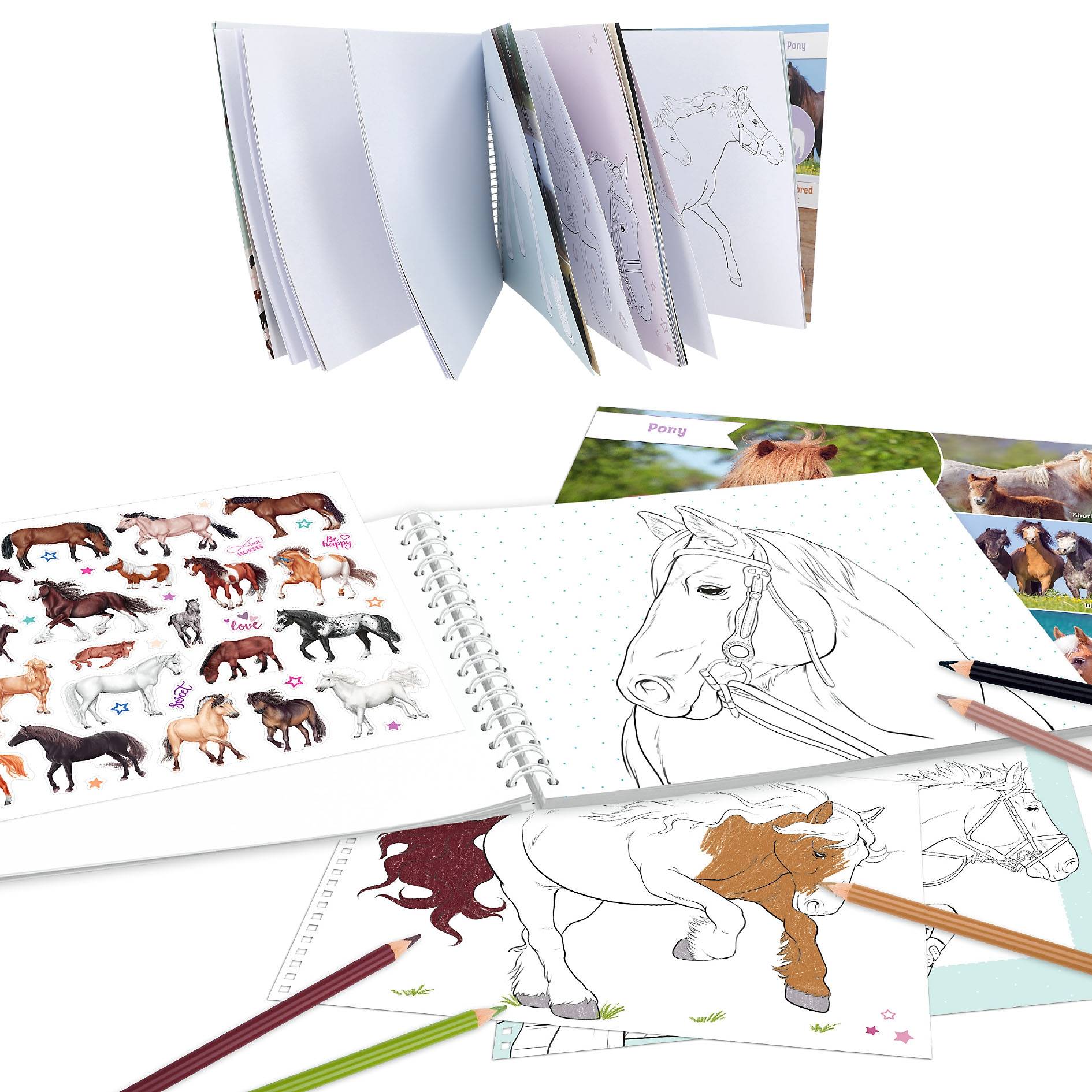 Sortierte pferdethematische Mal- und Skizzenbücher mit leeren und teilweise kolorierten Pferdeillustrationen sowie Bleistifte, angeordnet auf weißem Hintergrund.