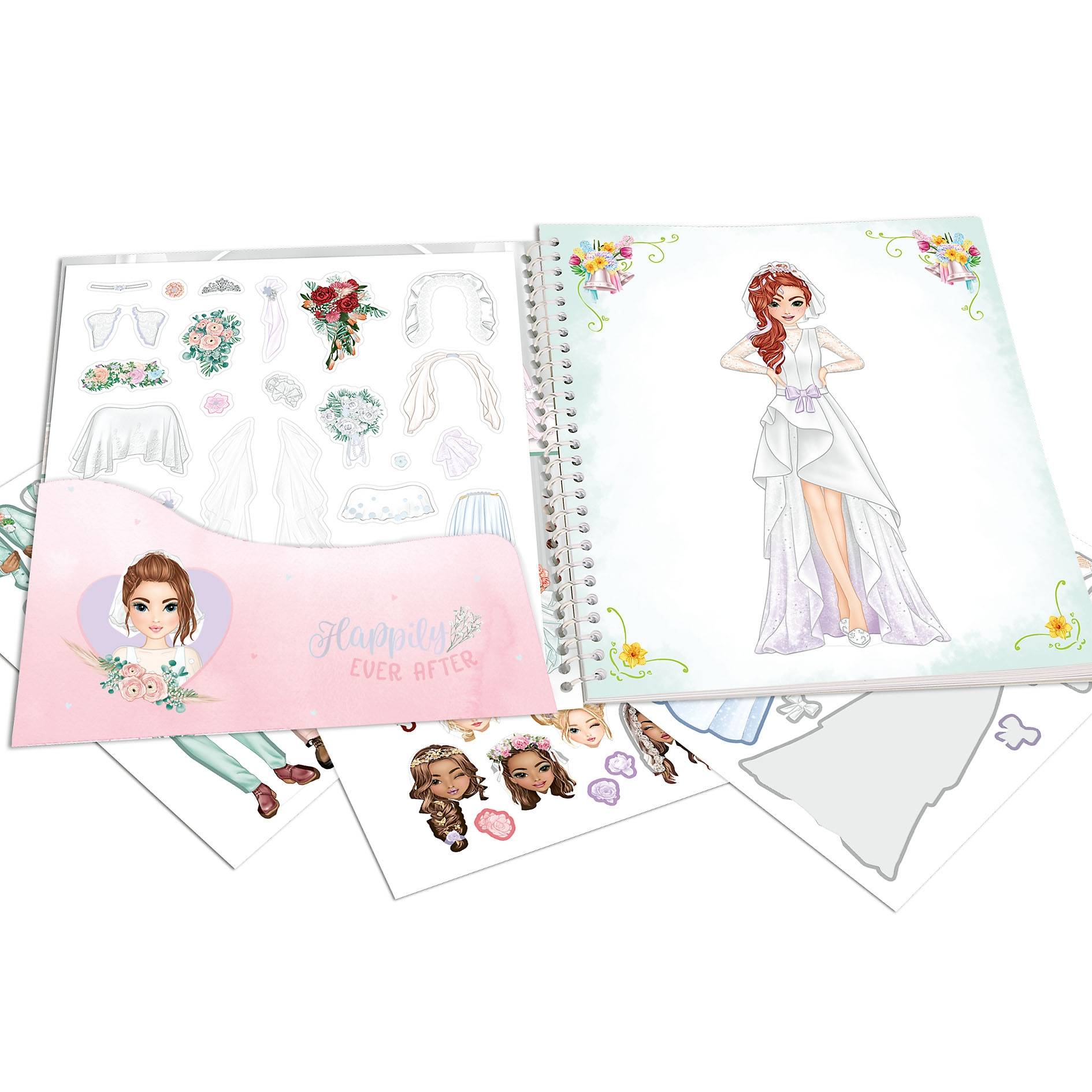 Offenes Spiralbuch-Modemalerbuch mit einer Brautillustration, Outfit-Vorlagen und verstreuten Aufklebern auf weißem Hintergrund.