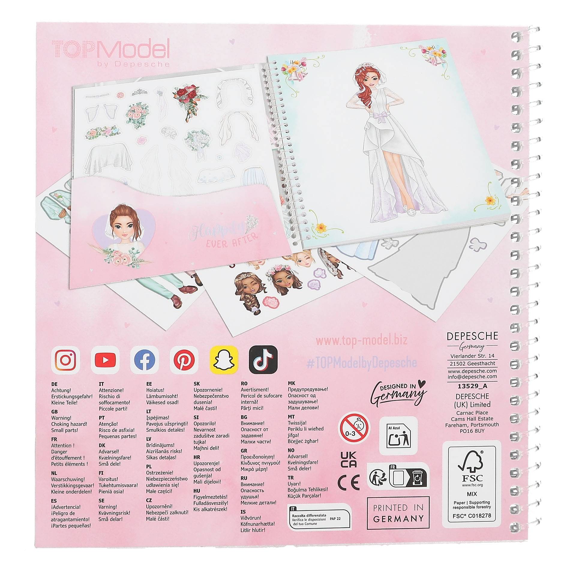 Rosa TOPModel Spiralskizzenblock mit Modezeichnungsseiten und einer Modellillustration auf dem Umschlag, dargestellt als Produktpaket mit Logos und mehrsprachigen Details.