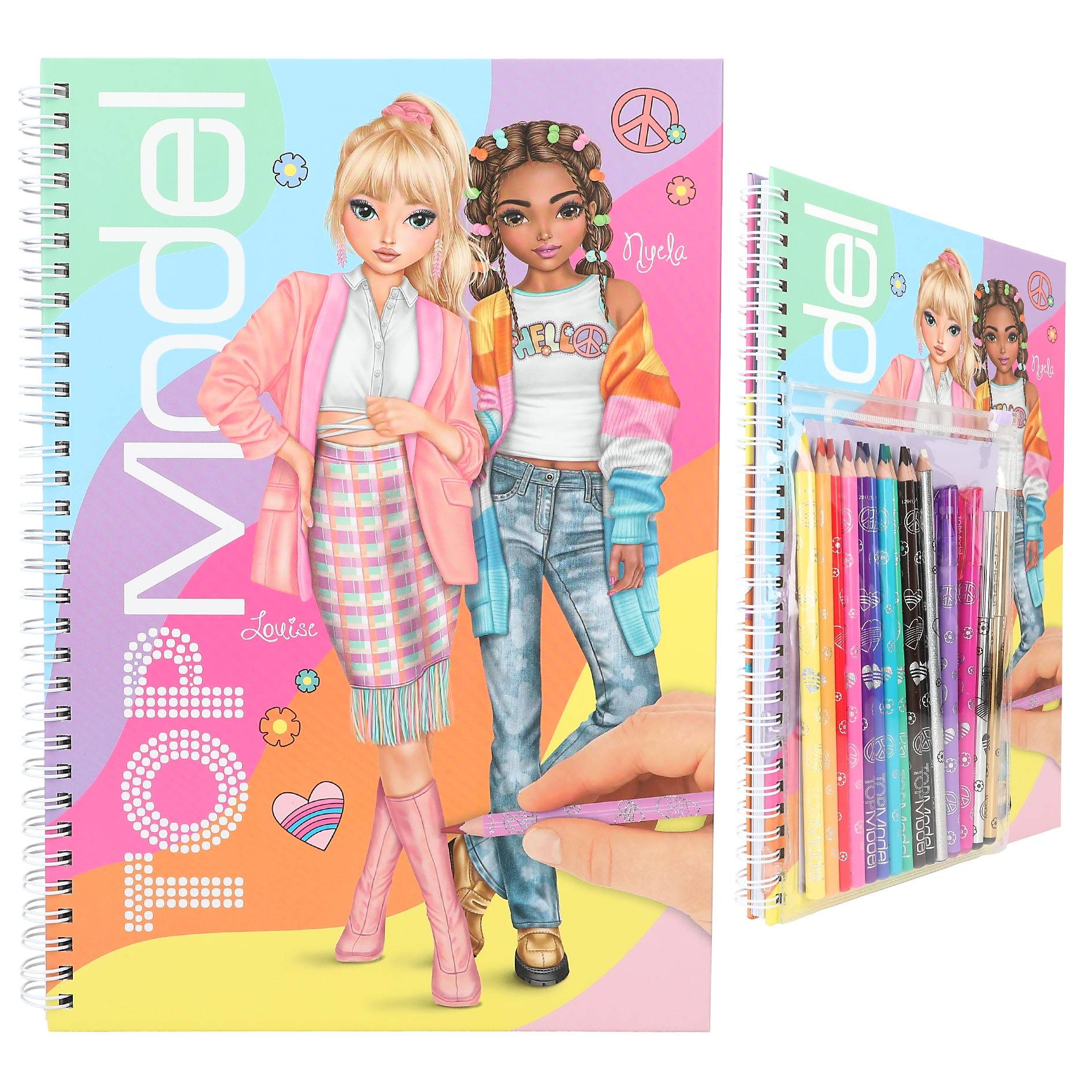 Zwei Barbie-Spiralhefte, eines mit illustrierten Modepuppen und das andere mit Stiften in einer transparenten Vordertasche.