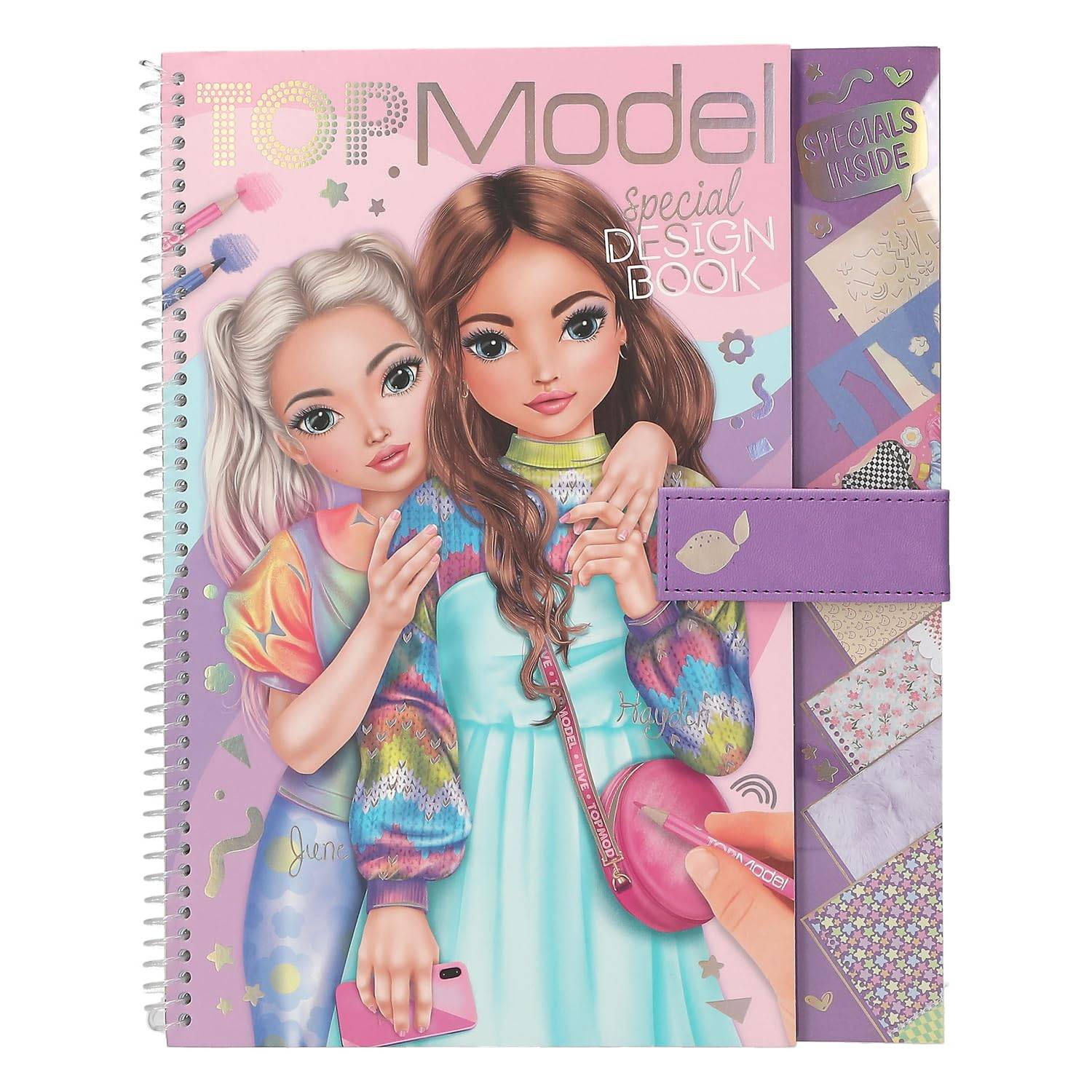 Ein rosafarbenes spiralgebundenes Modedesign-Buch mit zwei illustrierten Mädchen und dem Titel „TOPModel Special Design Book