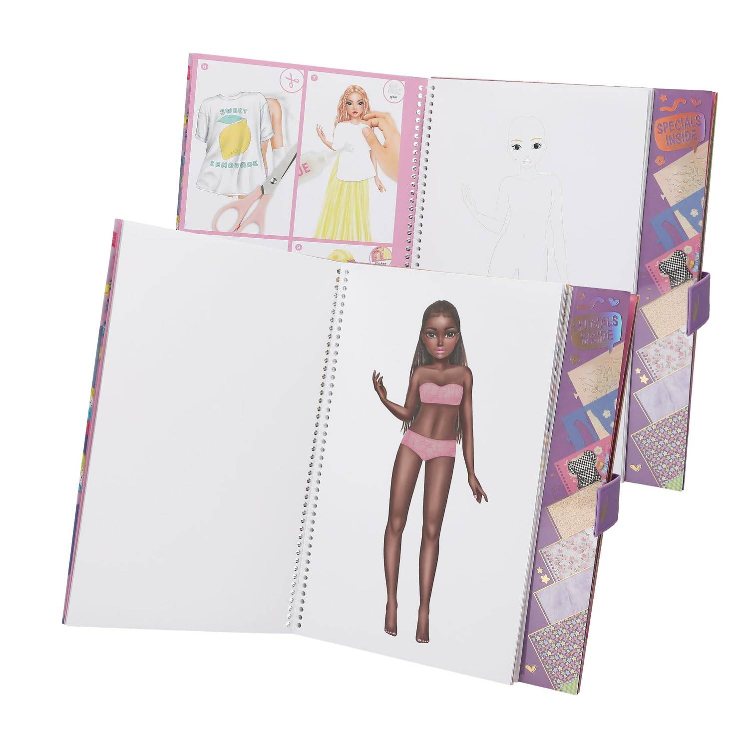 Offenes Modezeichenbuch mit einer Puppenillustration auf der Seite, plus Referenzseiten für Beispieloutfits und Frisuren dahinter.