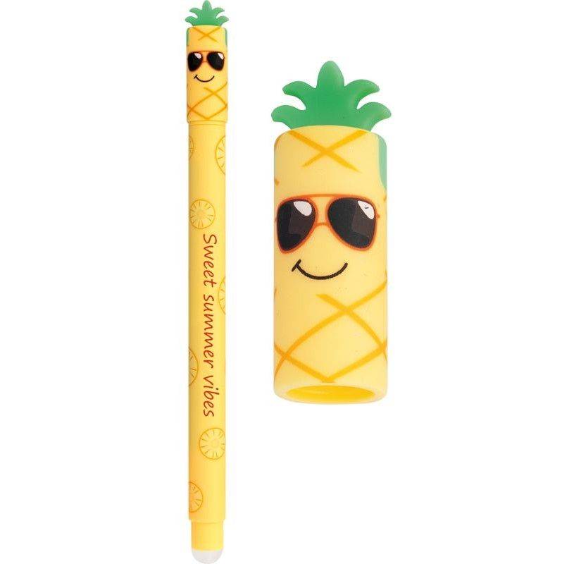 Gelber ananasförmiger Stift mit passendem Deckel, Sonnenbrillenschmollen und Text „Sweet Summer Vibes
