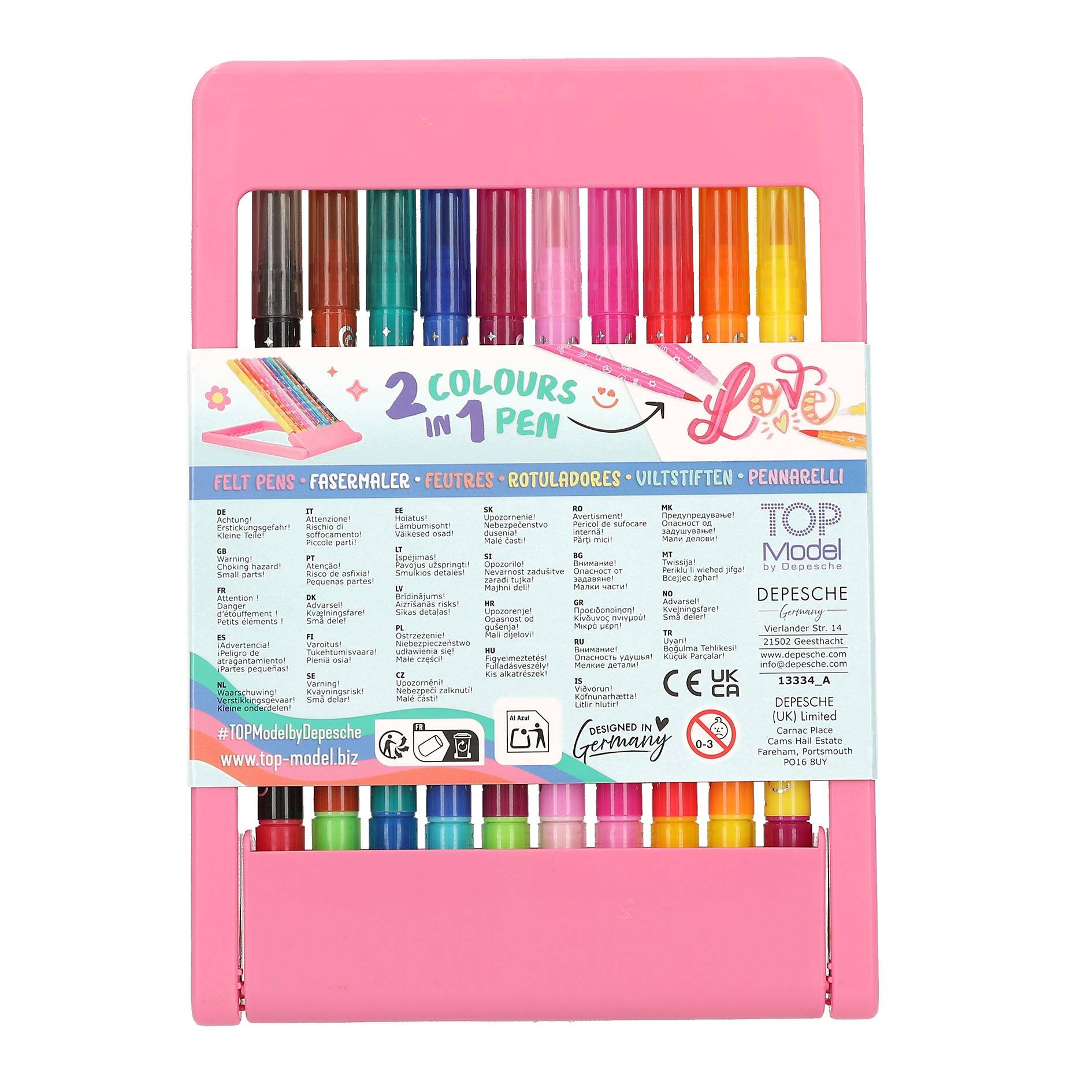 Rosa Packung mit 2-Farben-Filzstiften mit mehrfarbigen Spitzen, die durch das vordere Fenster sichtbar sind, mit der Aufschrift „2 FARBEN IN 1 STIFT