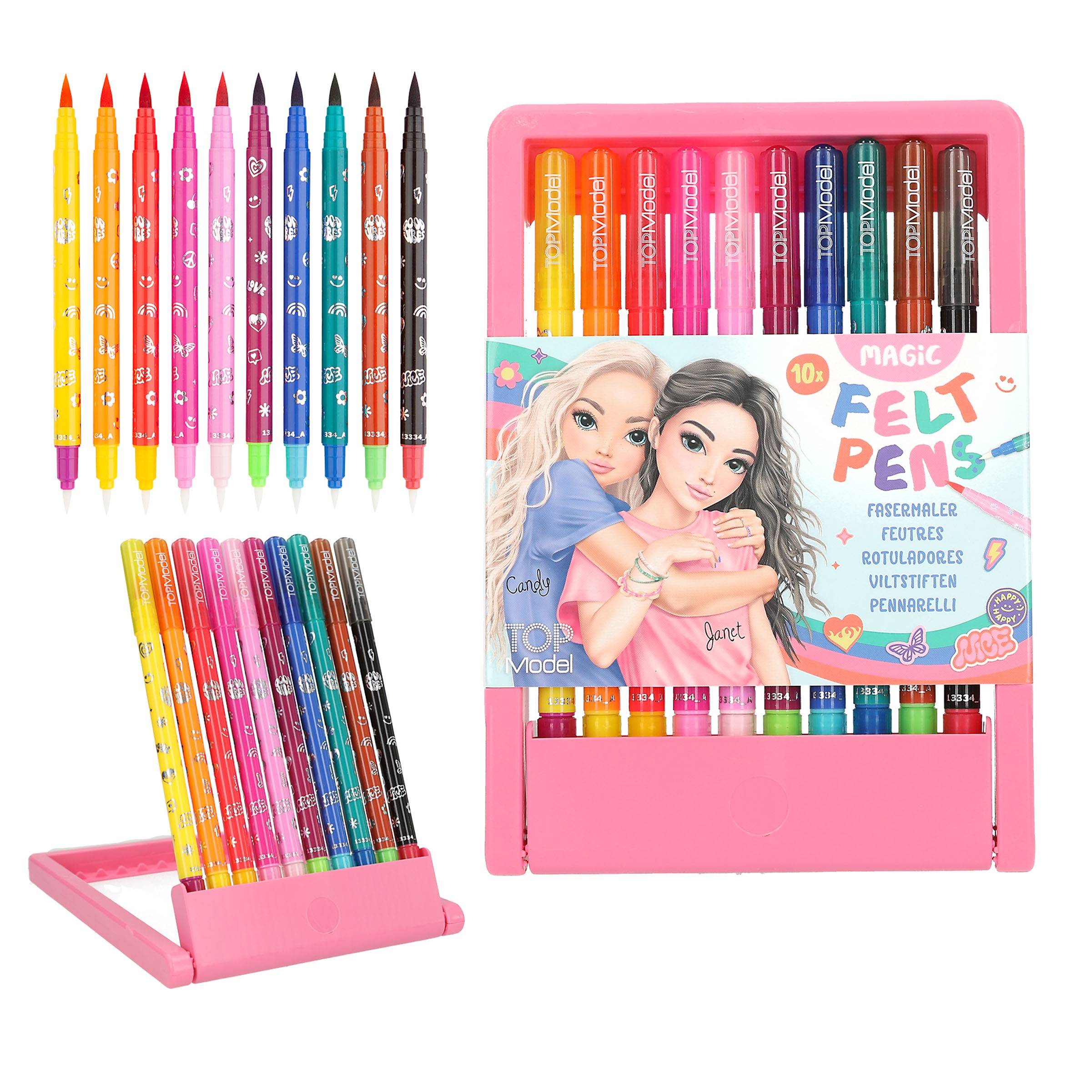 Rosa Etui mit Magic Filzstiften mit 10 bunten Markern, geöffnet mit ausgestellten Stiften und modischem Cover mit zwei Mädchen.