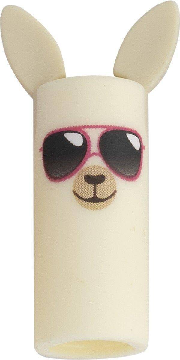 Eine cremefarbene zylindrische Hasenfigur mit langen Ohren, rosa Sonnenbrille und lachendem Gesicht auf weißem Hintergrund.